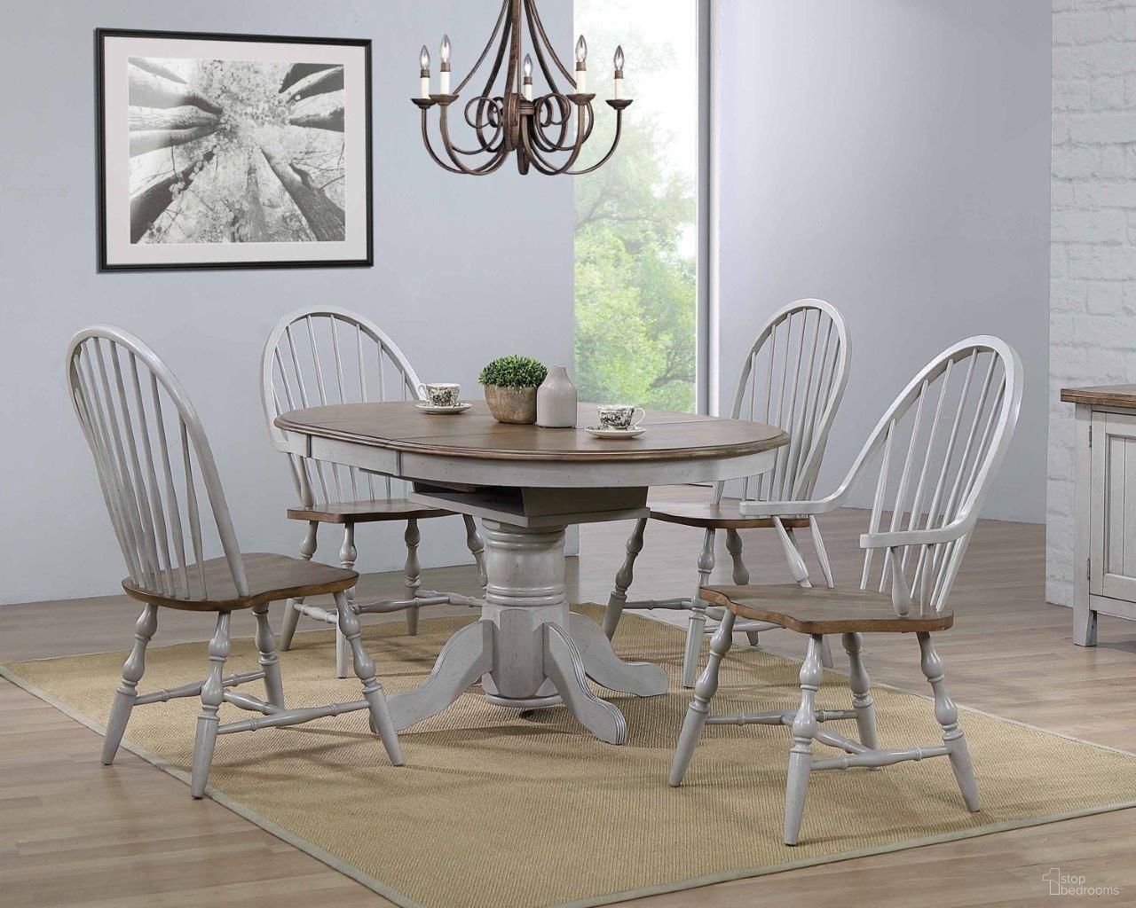 Country Grove Distressed Gray and Brown Wood Round or Oval Extendable Dining Table Set
