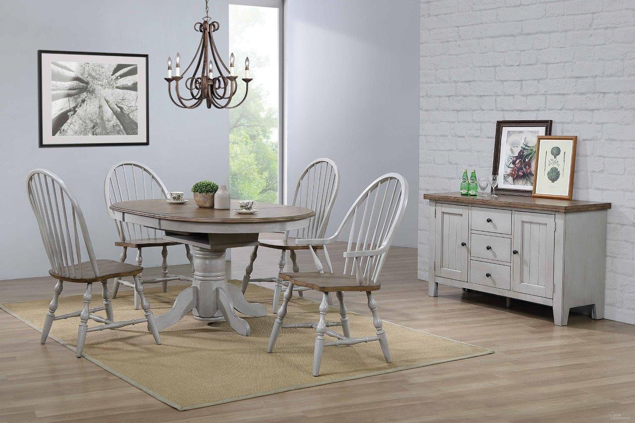 Country Grove Distressed Gray and Brown Wood Round or Oval Extendable Dining Table Set