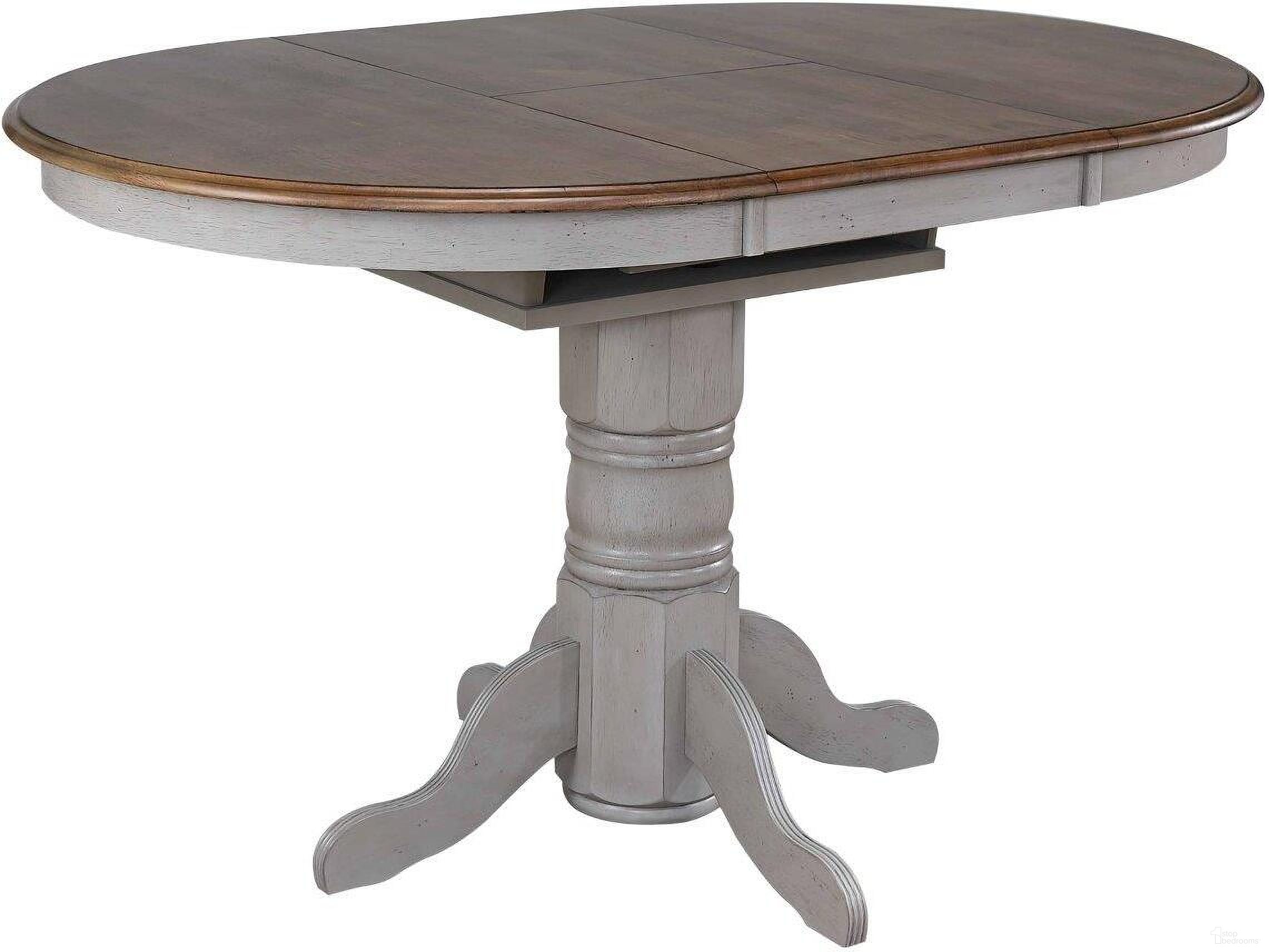 The appearance of Country Grove Distressed Gray and Brown Wood Round or Oval Extendable Pub Table designed by Sunset Trading in the modern / contemporary interior design. This distressed light gray and medium walnut piece of furniture  was selected by 1StopBedrooms from Country Grove Collection to add a touch of cosiness and style into your home. Sku: DLU-CG-TP-4260-GO-T;DLU-CG-TP-4260-GO-CB. Table Top Shape: Oval. Material: Wood.