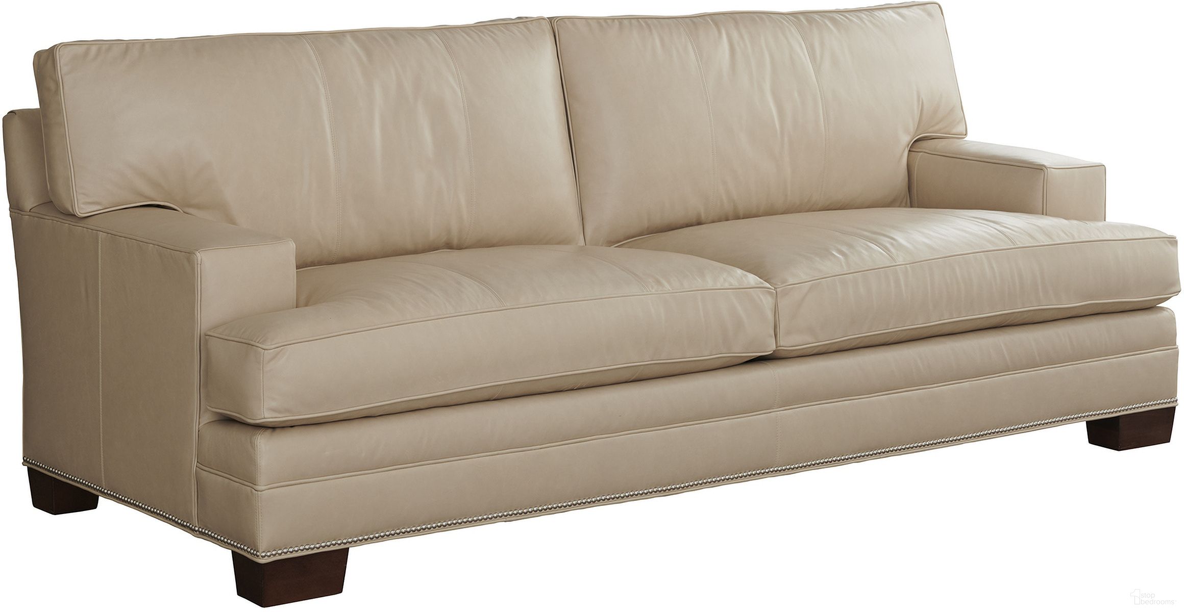 The appearance of Couture Leather Tyson Leather Sofa In Beige designed by Lexington in the transitional interior design. This beige piece of furniture was selected by 1StopBedrooms from Couture Leather Collection to add a touch of cosiness and style into your home. Sku: LL6491-33-40. Material: Genuine Leather.