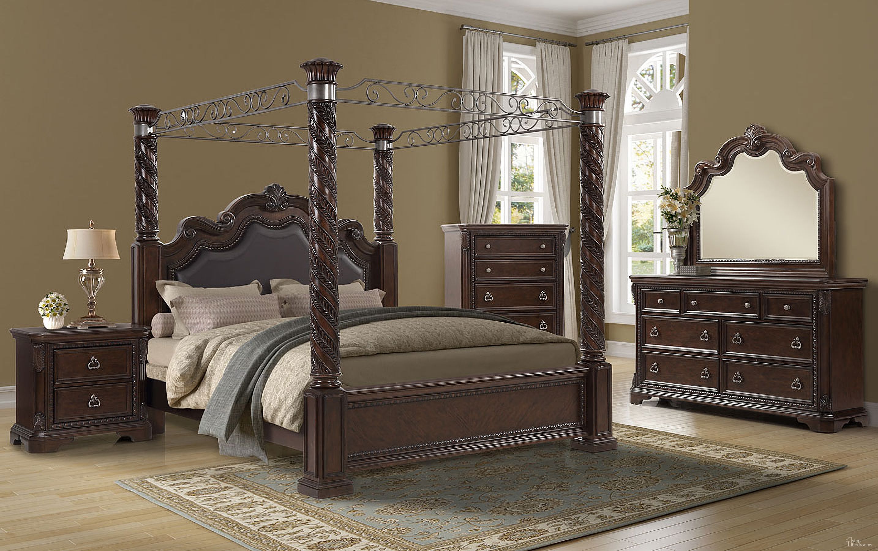 The appearance of Coventry Canopy Bedroom Set designed by Bernell in the traditional interior design. This warm cherry piece of furniture  was selected by 1StopBedrooms from Coventry Collection to add a touch of cosiness and style into your home. Sku: 1988-108HQ;1988-106FQ;1988-POSTS;1988-106CAN;1988-106RL;1988-120. Bed Type: Canopy Bed. Material: Wood. Bed Size: Queen.