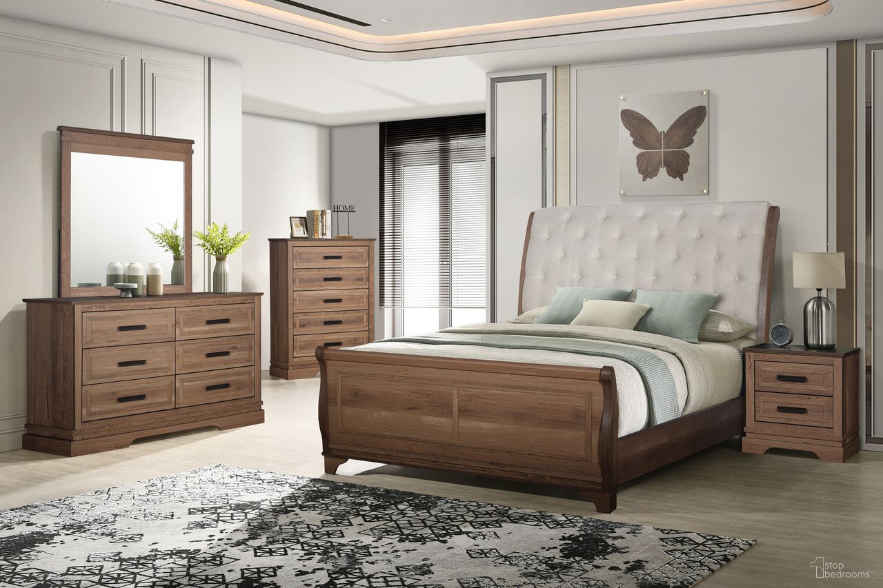 The appearance of Coventry Hall Pecan Upholstered Sleigh Bedroom Set In Brown designed by New Classic in the rustic / southwestern interior design. This brown piece of furniture was selected by 1StopBedrooms from Coventry Hall Collection to add a touch of cosiness and style into your home. Sku: B1828-315;B1828-335;B1828-040. Material: Wood. Bed Size: California King.
