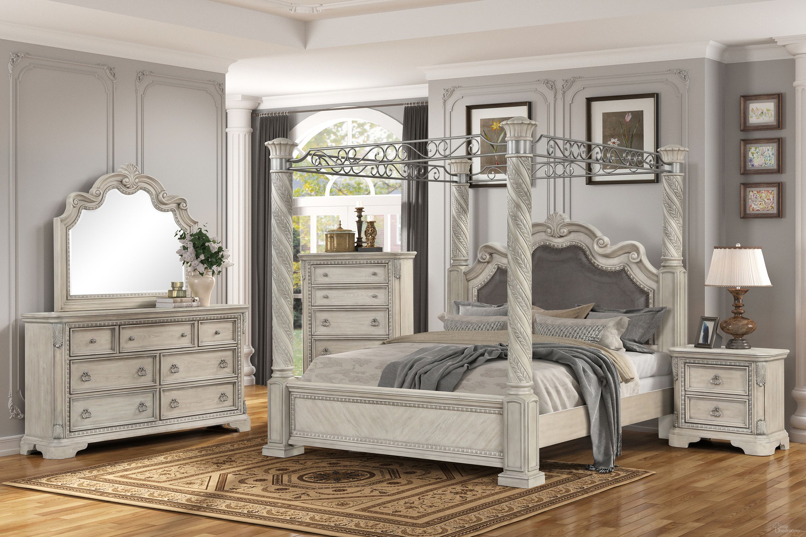 The appearance of Coventry Upholstered Panel Canopy Bedroom Set In Light Gray designed by Bernell in the modern / contemporary interior design. This light gray piece of furniture was selected by 1StopBedrooms from Coventry Collection to add a touch of cosiness and style into your home. Sku: 1989-108;1989-120. Bed Size: Queen. Material: Wood Veneer.