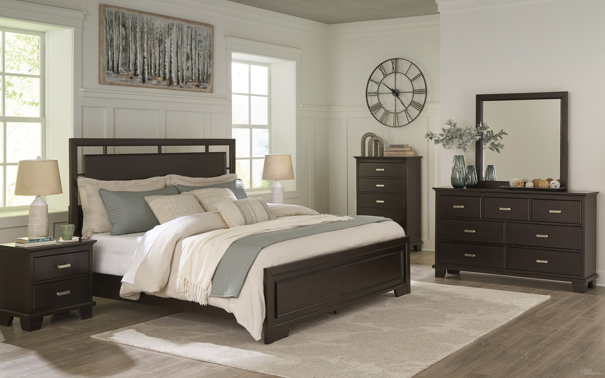 The appearance of Covetown Bedroom Set In Dark Brown designed by Signature Design by Ashley in the modern / contemporary interior design. This dark brown piece of furniture  was selected by 1StopBedrooms from Covetown Collection to add a touch of cosiness and style into your home. Sku: B441-81;B441-97;B441-92. Bed Type: Panel Bed. Material: Wood. Bed Size: Queen.