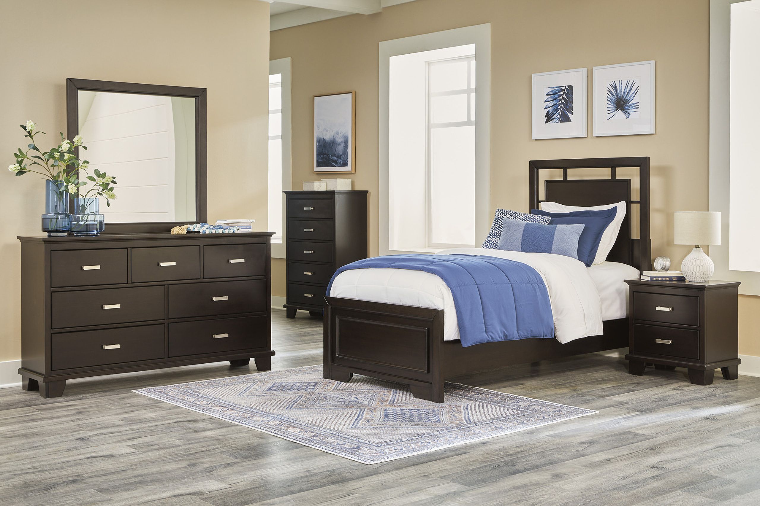 The appearance of Covetown Youth Bedroom Set In Dark Brown designed by Signature Design by Ashley in the modern / contemporary interior design. This dark brown piece of furniture  was selected by 1StopBedrooms from Covetown Collection to add a touch of cosiness and style into your home. Sku: B441-53;B441-83;B441-92. Bed Type: Panel Bed. Material: Wood. Bed Size: Twin.