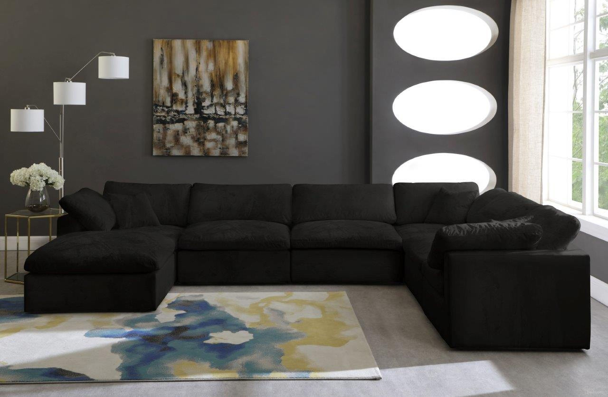 The appearance of Cozy Velvet Comfort 7 Piece Modular Sectional In Black designed by Meridian in the modern / contemporary interior design. This black piece of furniture was selected by 1StopBedrooms from Cozy Collection to add a touch of cosiness and style into your home. Sku: 634Black-Corner;634Black-Corner;634Black-Corner;634Black-Armless;634Black-Armless;634Black-Armless;634Black-Ott. Material: Velvet. Layout: U-Shape.