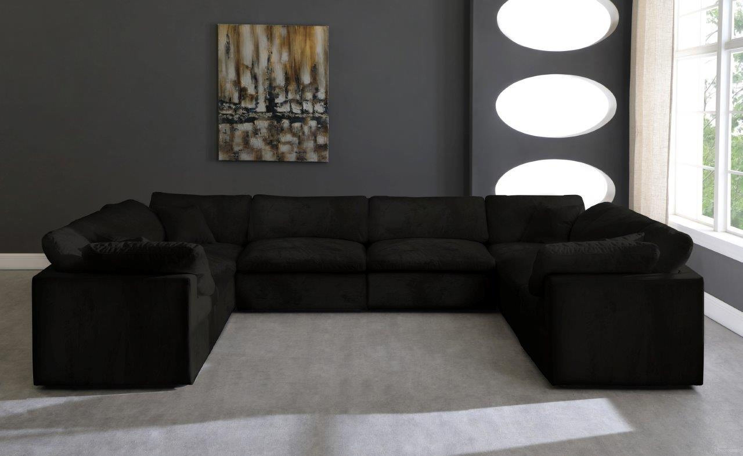 The appearance of Cozy Velvet Comfort 8 Piece Modular Sectional In Black designed by Meridian in the modern / contemporary interior design. This black piece of furniture  was selected by 1StopBedrooms from Cozy Collection to add a touch of cosiness and style into your home. Sku: 634Black-Corner;634Black-Corner;634Black-Corner;634Black-Corner;634Black-Armless;634Black-Armless;634Black-Armless;634Black-Armless. Material: Velvet. Layout: U-Shape.