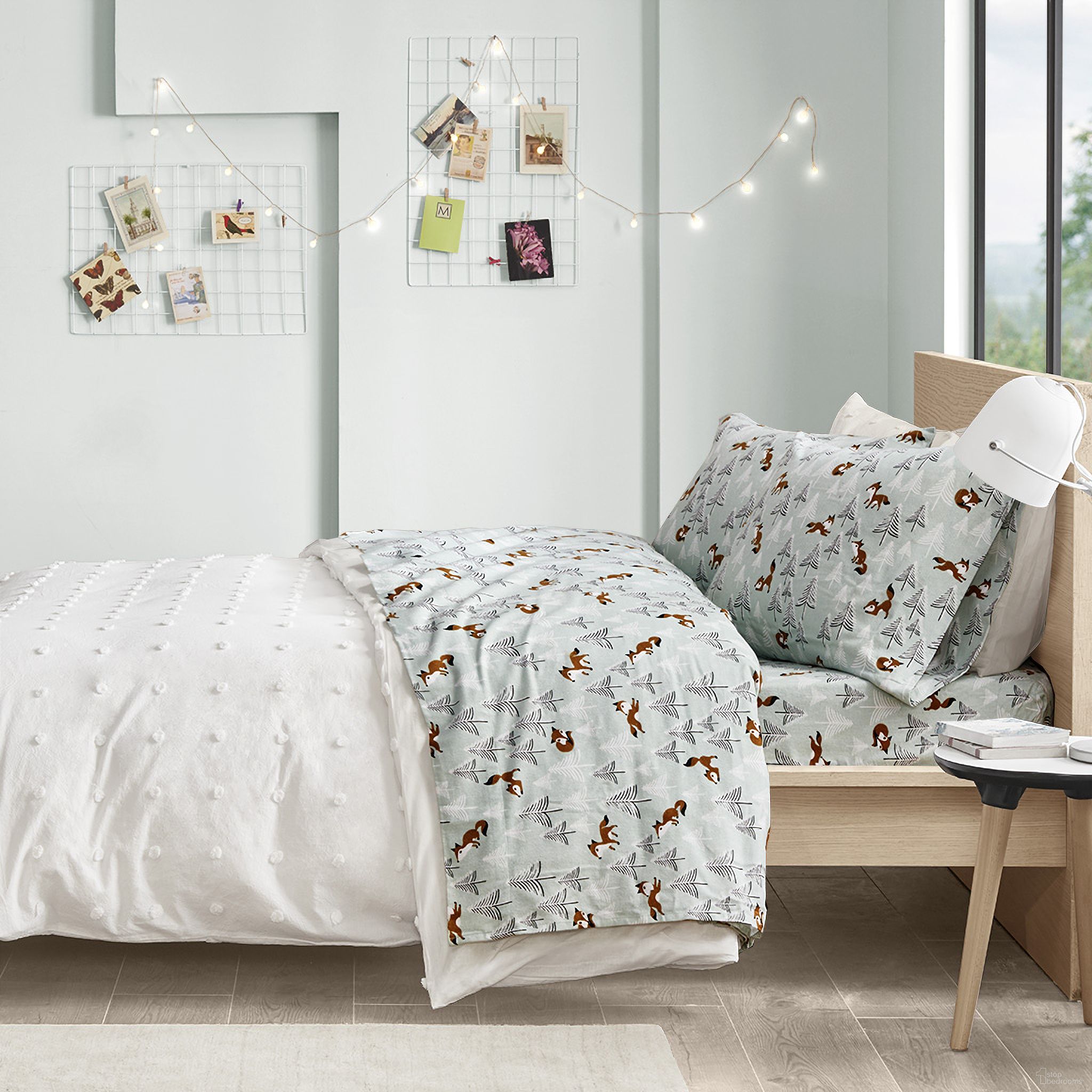 Cozy Cotton Flannel Pigment Printed 3 Piece Twin Sheet Set In Seafoam Foxes