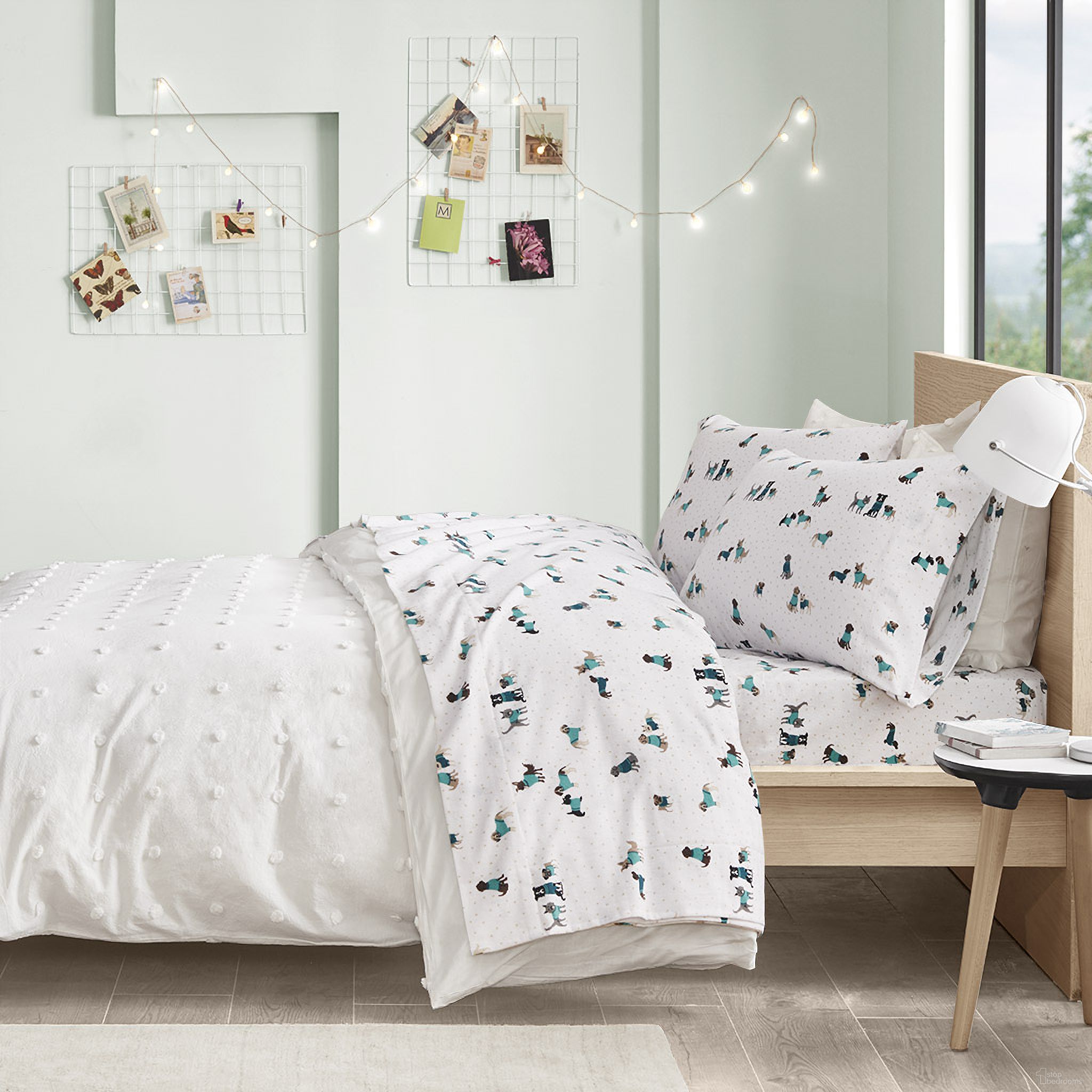 Cozy Cotton Flannel Pigment Printed 3 Piece Twin Sheet Set In Teal Dogs