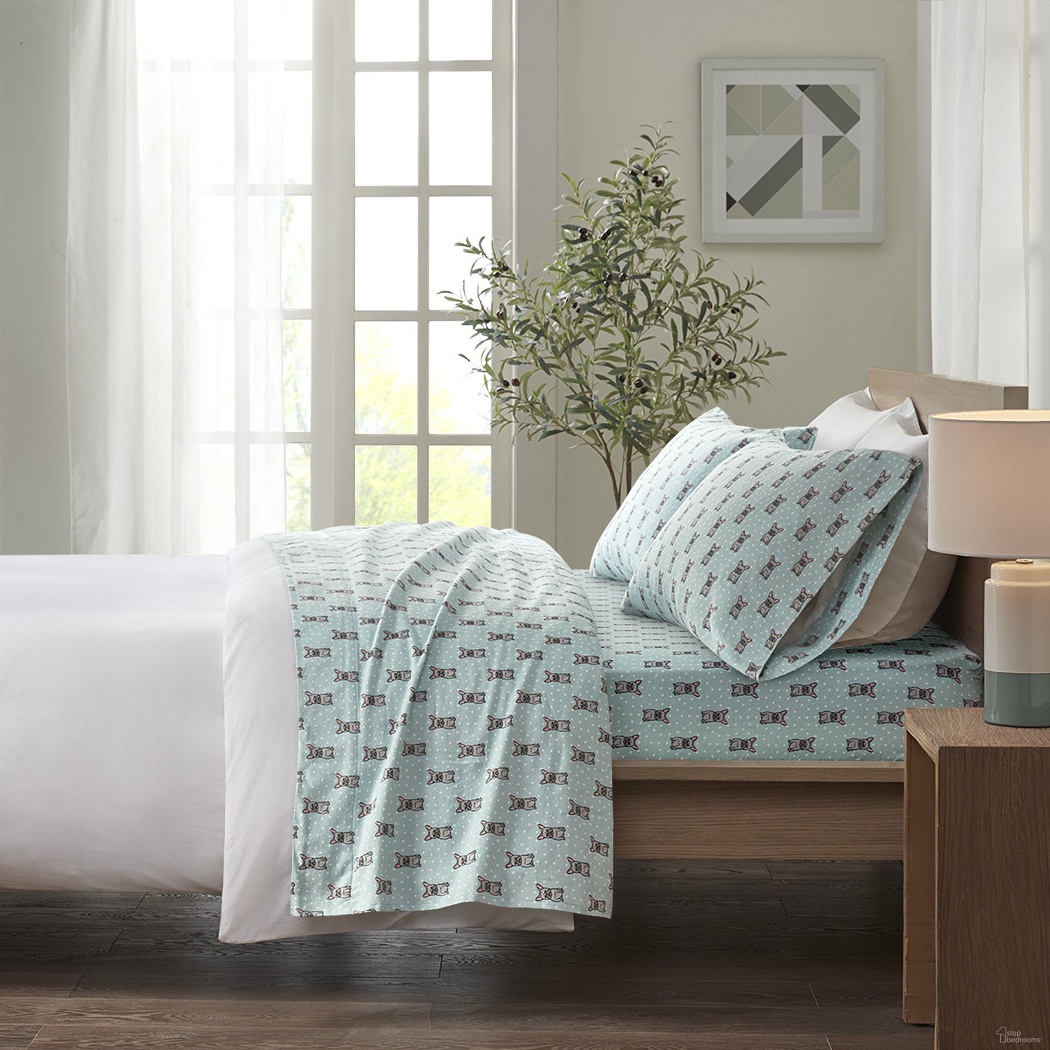 Cozy Cotton Flannel Printed 4 Piece King Sheet Set In Aqua French Bulldog