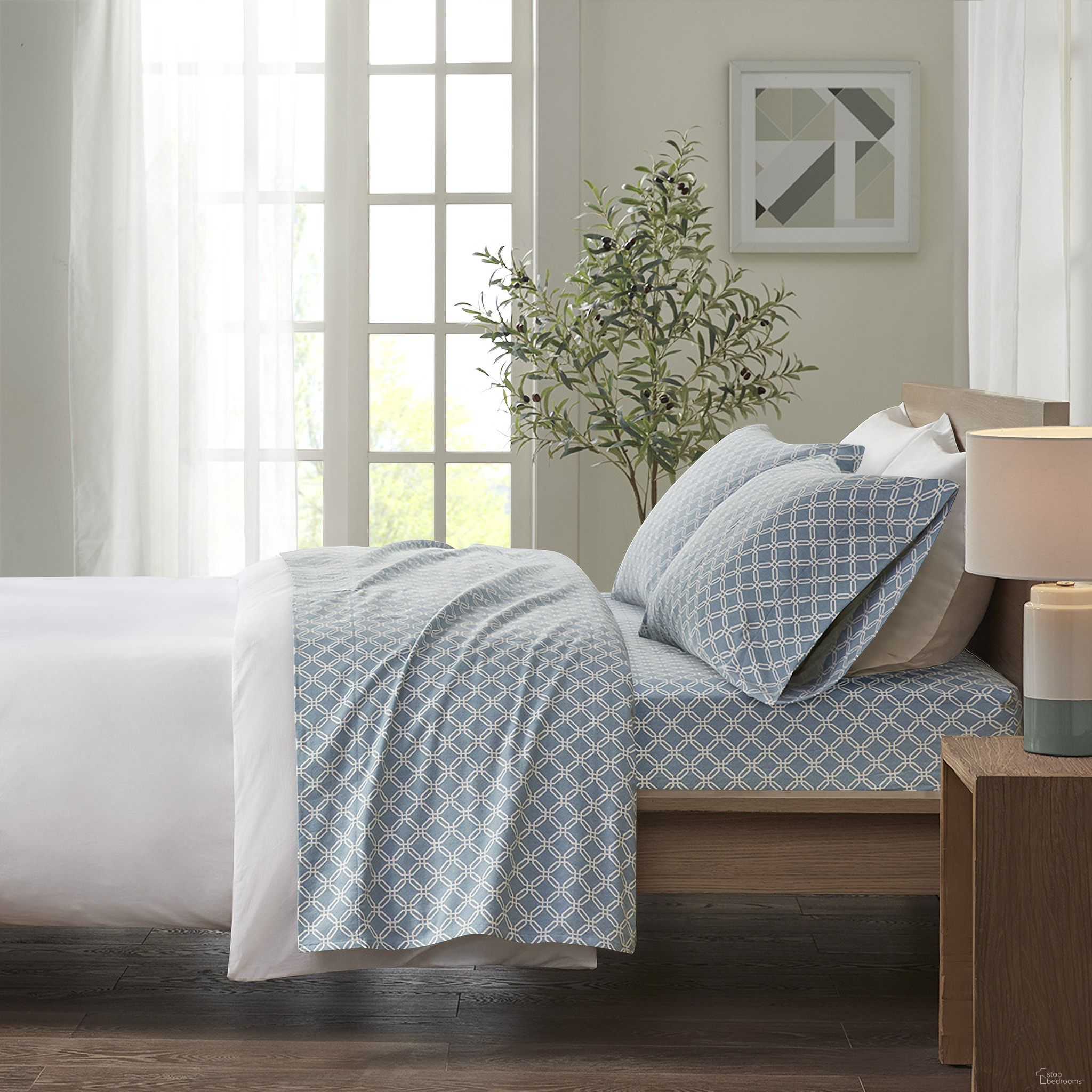 Cozy Cotton Flannel Printed 3 Piece Twin XL Sheet Set In Blue Geo