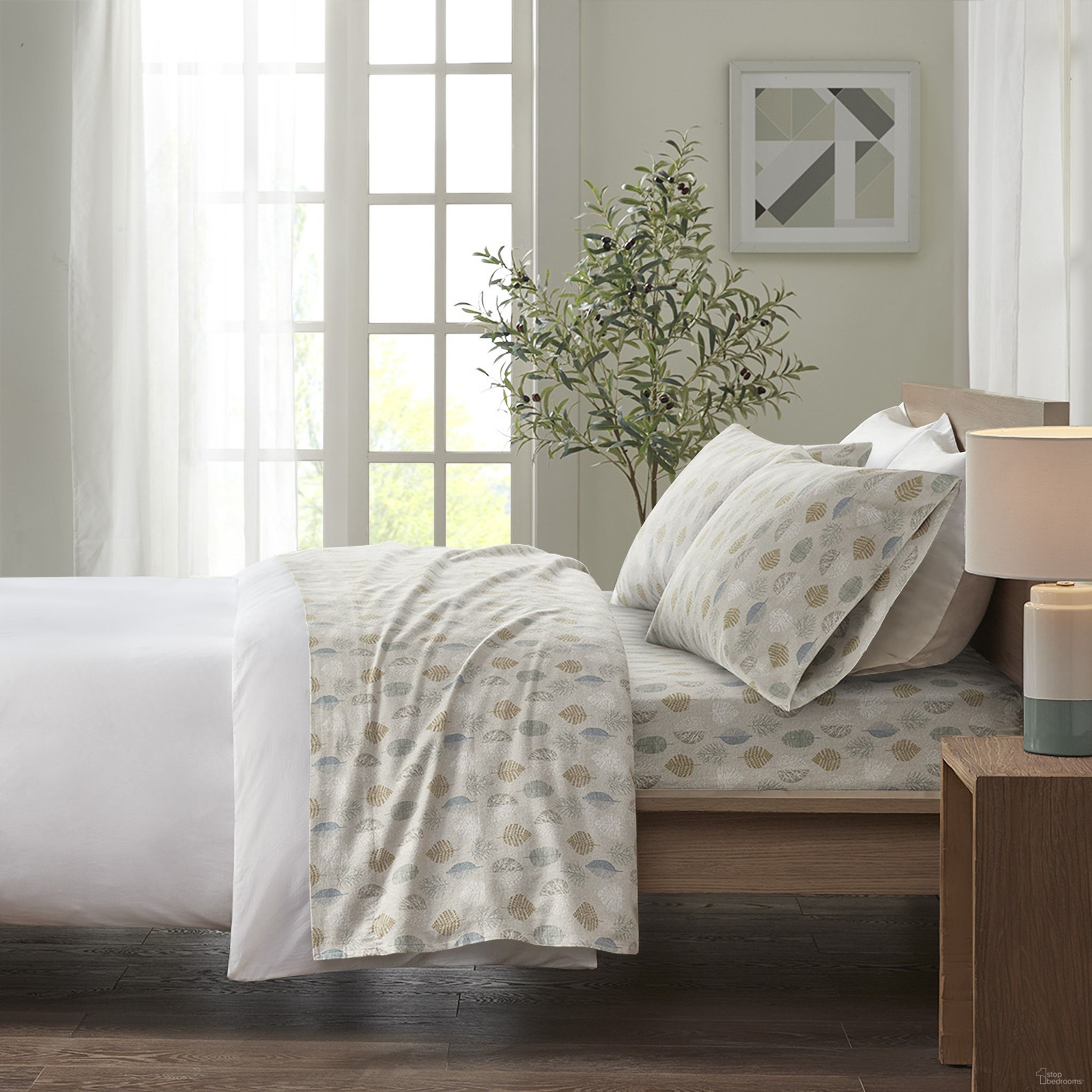 Cozy Cotton Flannel Printed 3 Piece Twin Sheet Set In Multi Leaves