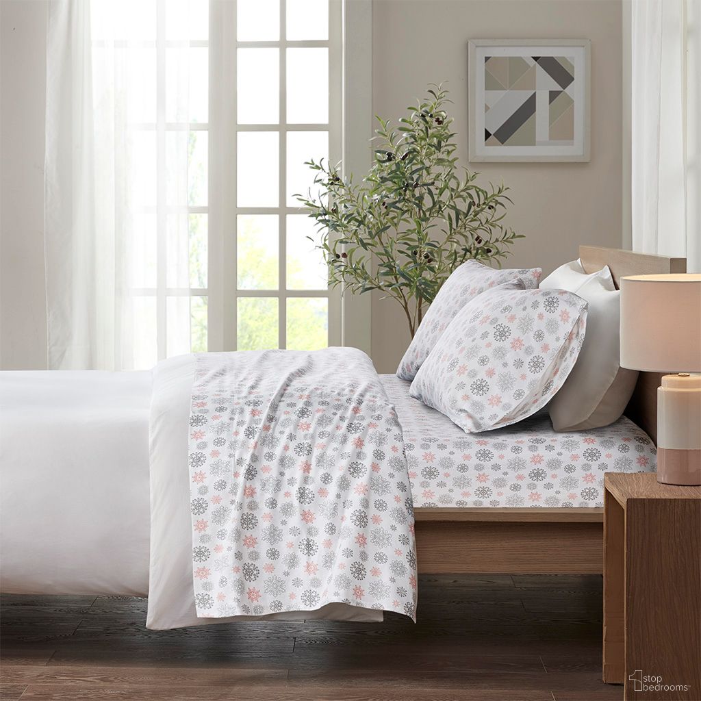 Cozy Cotton Flannel 4 Piece King Sheet Set In Pink/Grey Snowflakes