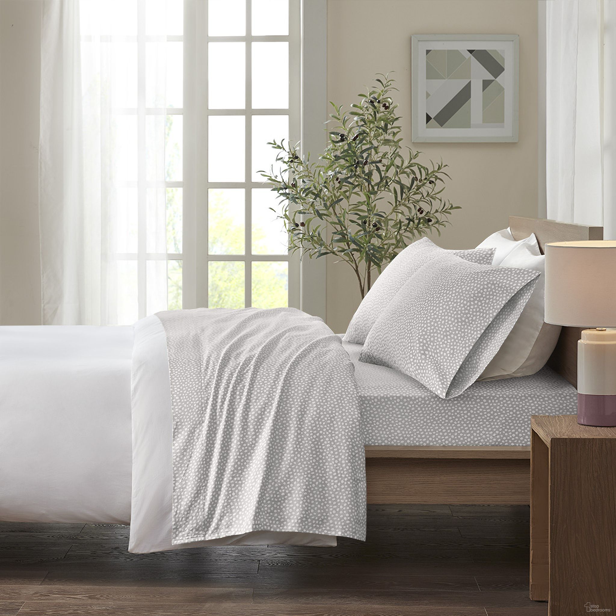 Cozy Cotton Pigment Printed Flannel 4 Piece King Sheet Set In Grey Dots