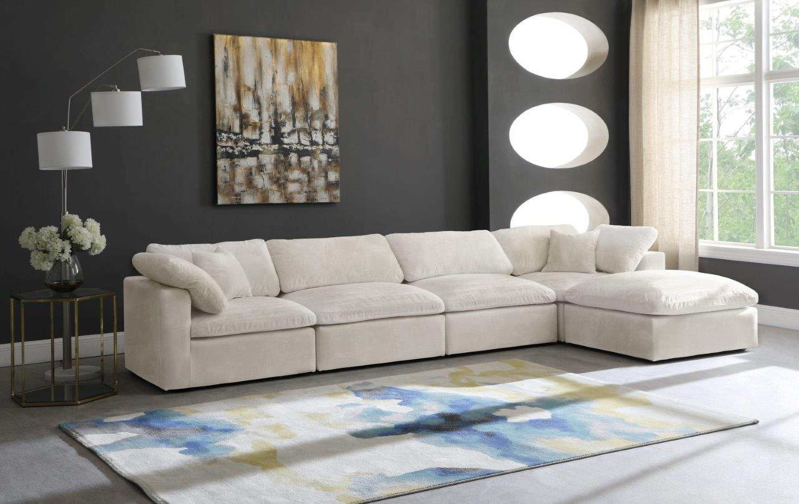 The appearance of Cozy Velvet Comfort 5 Piece Modular Sectional In Cream designed by Meridian in the modern / contemporary interior design. This cream velvet piece of furniture was selected by 1StopBedrooms from Cozy Collection to add a touch of cosiness and style into your home. Sku: 634Cream-Corner;634Cream-Corner;634Cream-Armless;634Cream-Armless;634Cream-Ott. Material: Velvet. Layout: Sofa & Chaise.