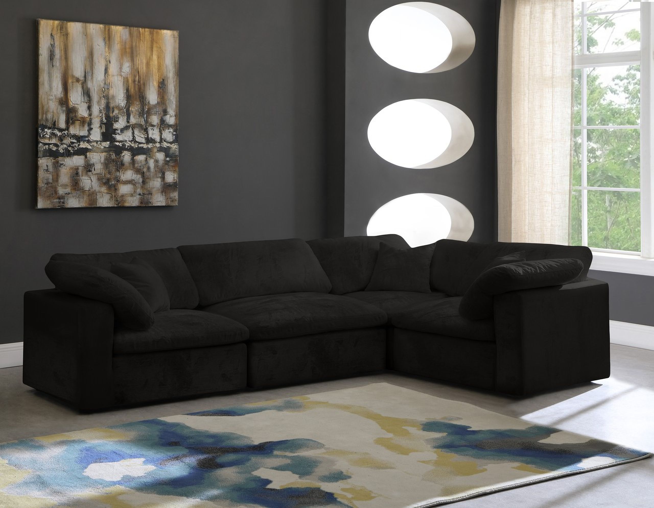 The appearance of Cozy Modular Sectional In Black Velvet designed by Meridian in the modern / contemporary interior design. This black velvet piece of furniture  was selected by 1StopBedrooms from Cozy Collection to add a touch of cosiness and style into your home. Sku: 634Black-Armless;634Black-Corner;634Black-Corner;634Black-Corner. Material: Velvet.
