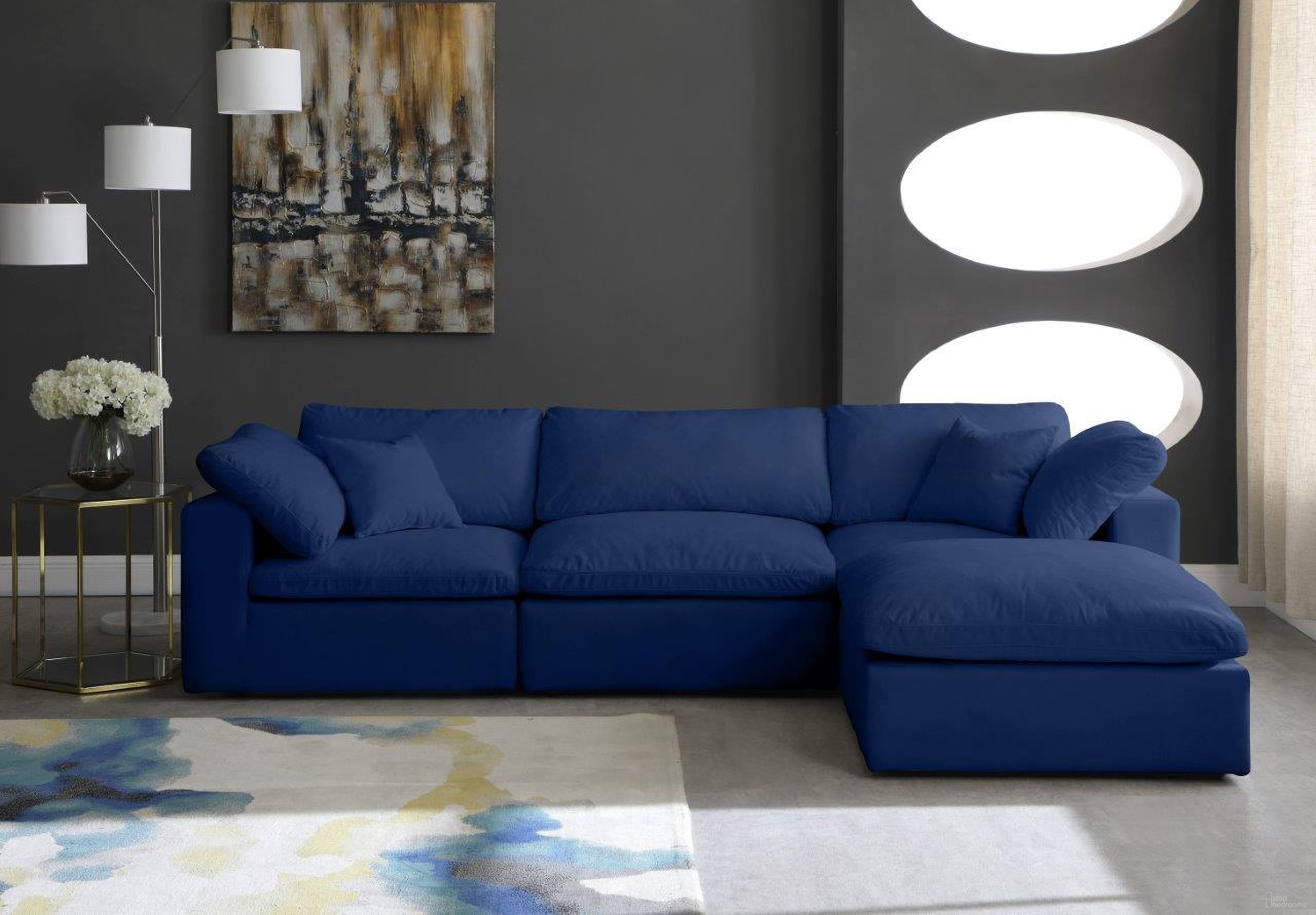 The appearance of Cozy Velvet Comfort 4 Piece Modular Sectional In Navy designed by Meridian in the modern / contemporary interior design. This navy piece of furniture  was selected by 1StopBedrooms from Cozy Collection to add a touch of cosiness and style into your home. Sku: 634Navy-Corner;634Navy-Corner;634Navy-Armless;634Navy-Ott. Material: Velvet. Layout: Sofa & Chaise.