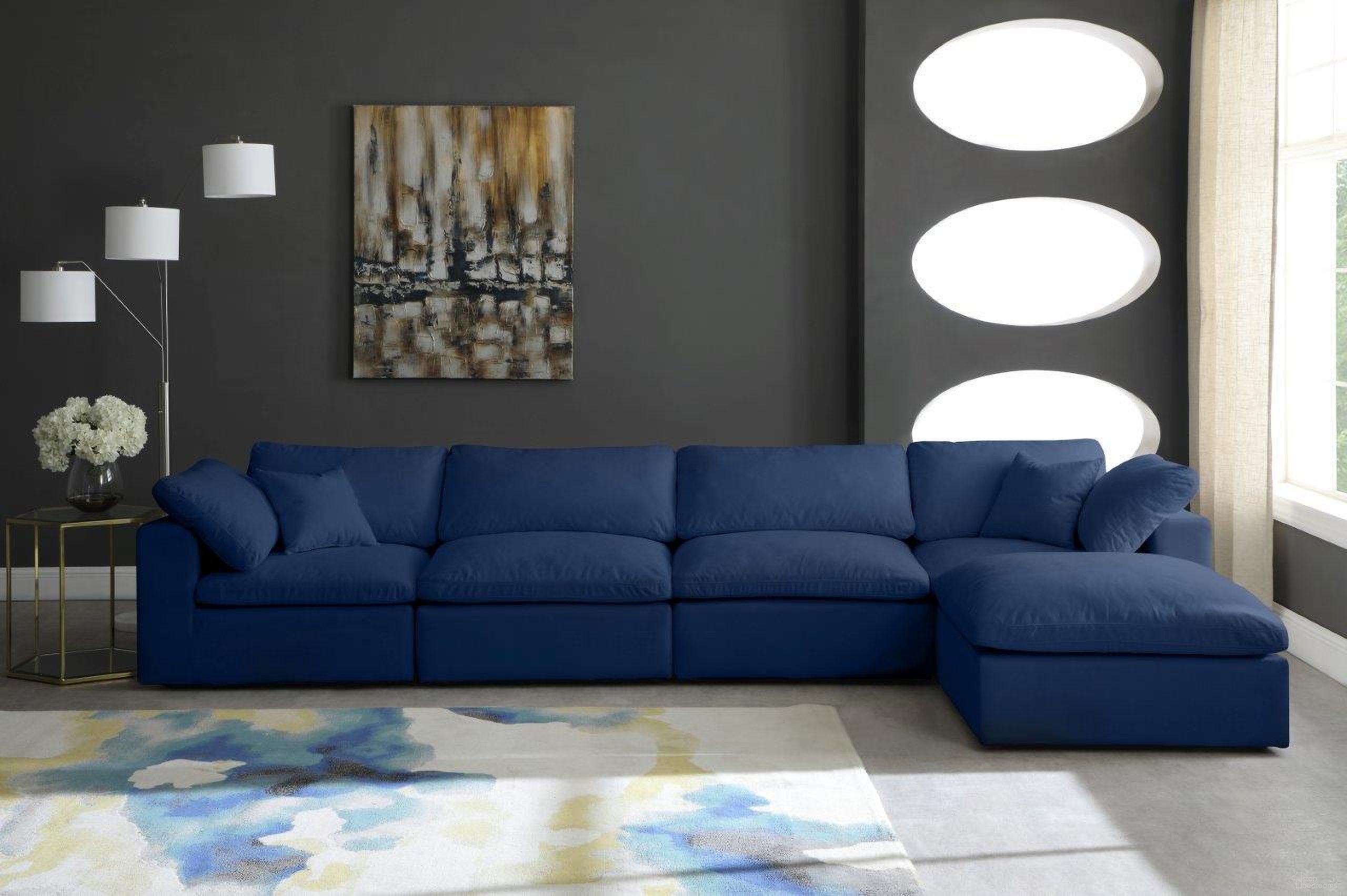 The appearance of Cozy Velvet Comfort 5 Piece Modular Sectional In Navy designed by Meridian in the modern / contemporary interior design. This navy piece of furniture was selected by 1StopBedrooms from Cozy Collection to add a touch of cosiness and style into your home. Sku: 634Navy-Corner;634Navy-Corner;634Navy-Armless;634Navy-Armless;634Navy-Ott. Material: Velvet. Layout: Sofa & Chaise.