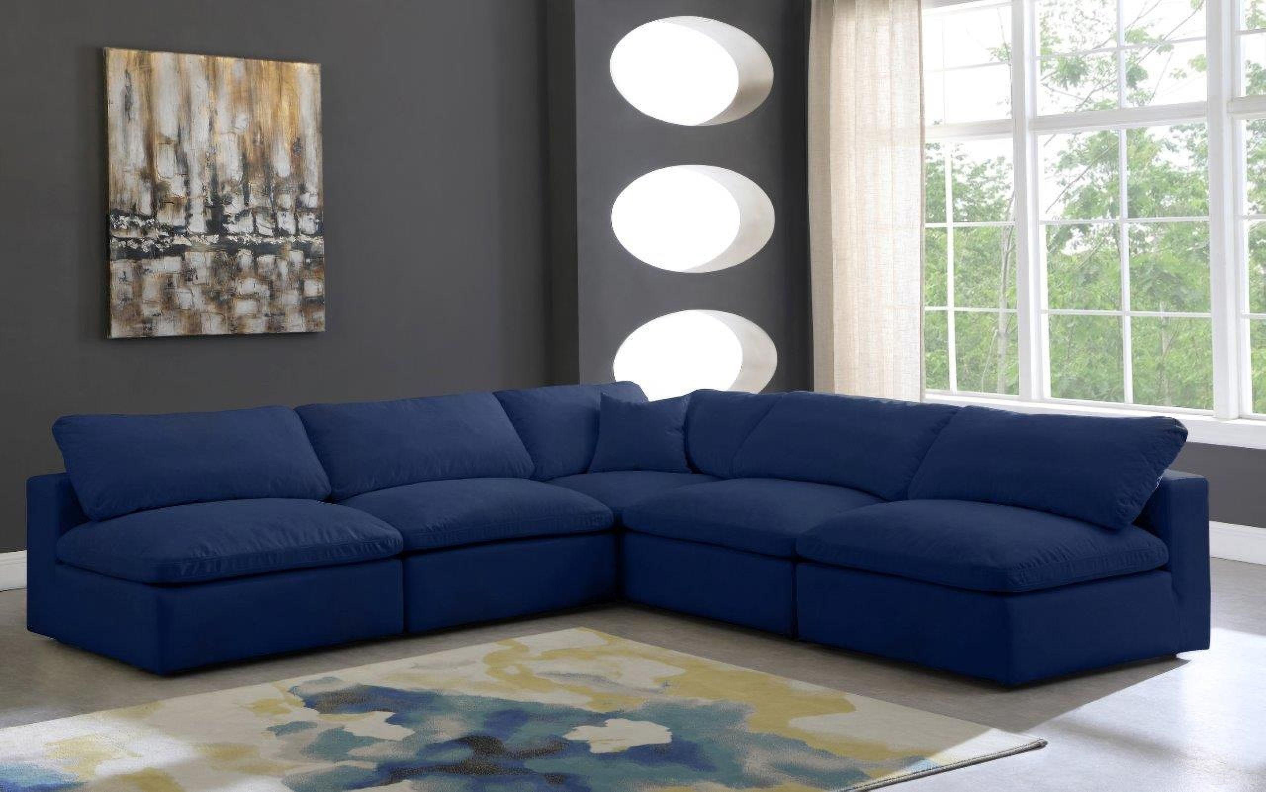 The appearance of Cozy Velvet Comfort 5 Piece Modular Sectional In Navy designed by Meridian in the modern / contemporary interior design. This navy piece of furniture was selected by 1StopBedrooms from Cozy Collection to add a touch of cosiness and style into your home. Sku: 634Navy-Corner;634Navy-Armless;634Navy-Armless;634Navy-Armless;634Navy-Armless. Material: Velvet. Layout: L-Shape.