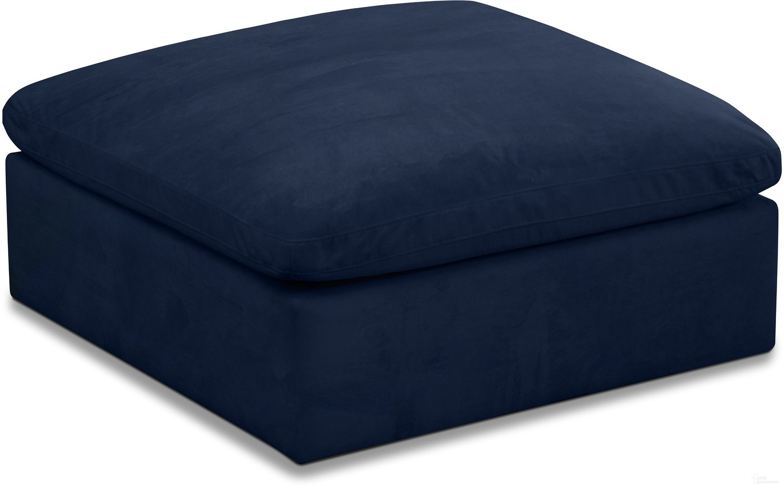 The appearance of Cozy Velvet Ottoman In Navy designed by Meridian in the modern / contemporary interior design. This navy piece of furniture  was selected by 1StopBedrooms from Cozy Collection to add a touch of cosiness and style into your home. Sku: 634Navy-Ott. Material: Velvet.