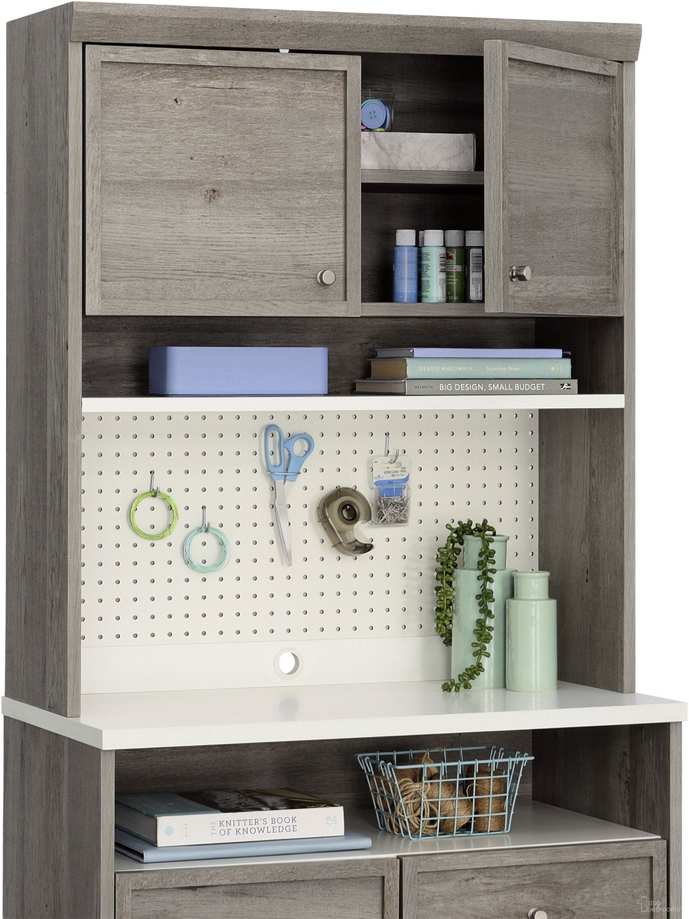 The appearance of Craft Pro Series Hutch In Mystic Oak designed by Sauder in the transitional interior design. This mystic oak piece of furniture was selected by 1StopBedrooms from Craft Pro Series Collection to add a touch of cosiness and style into your home. Sku: 433650. Material: Engineered Wood.