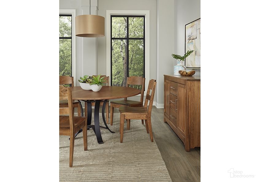 The appearance of Crafted 48 Inch Round Dining Room Set In Medium Cherry designed by Artisan & Post in the transitional interior design. This medium cherry piece of furniture was selected by 1StopBedrooms from Crafted Cherry Collection to add a touch of cosiness and style into your home. Sku: 151-048;151-200;151-010. Table Base Style: Pedestal. Table Top Shape: Round. Material: Wood. Size: 48".