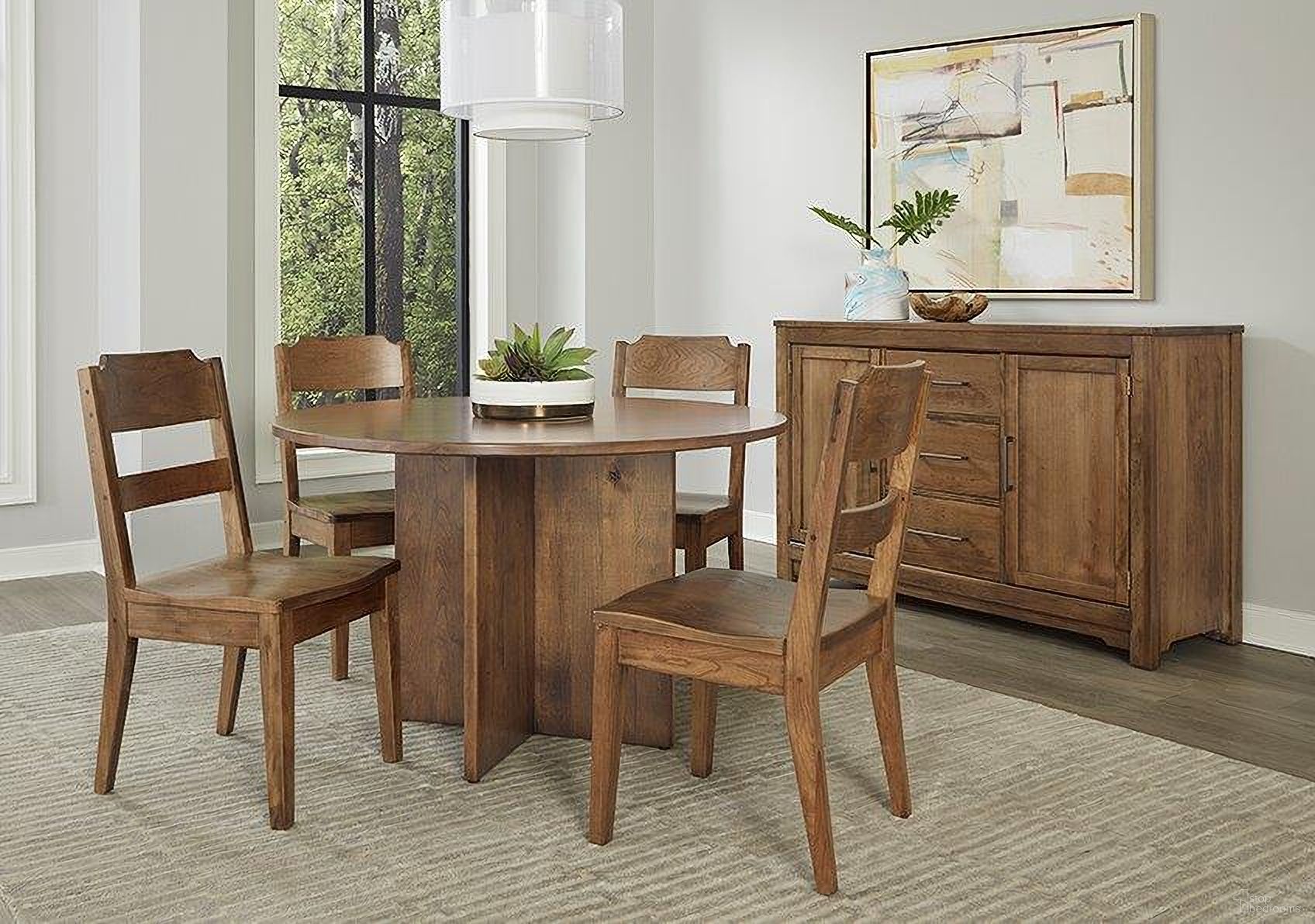The appearance of Crafted 48 Inch Round Dining Set In Medium Cherry designed by Artisan & Post in the transitional interior design. This medium cherry piece of furniture was selected by 1StopBedrooms from Crafted Cherry Collection to add a touch of cosiness and style into your home. Sku: 151-048;151-148;151-010. Table Base Style: Pedestal. Table Top Shape: Round. Material: Wood. Size: 48".