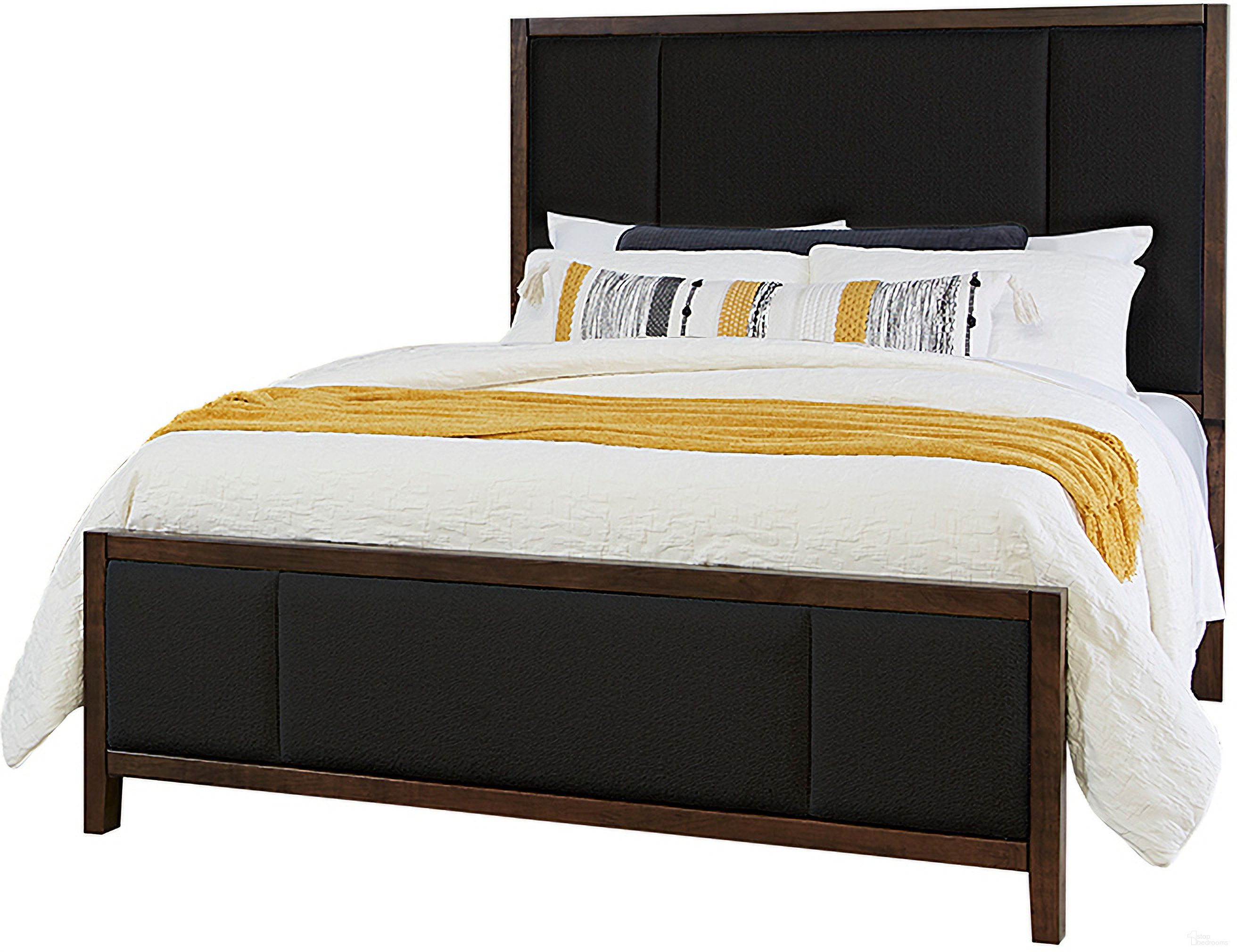 The appearance of Crafted Dark Cherry King Upholstered Bed In Black Fabric designed by Artisan & Post in the transitional interior design. This black piece of furniture  was selected by 1StopBedrooms from Crafted Cherry Collection to add a touch of cosiness and style into your home. Sku: 150-662;150-266;150-933;MS-MS2. Material: Wood. Bed Size: King. Bed Type: Upholstered Bed.