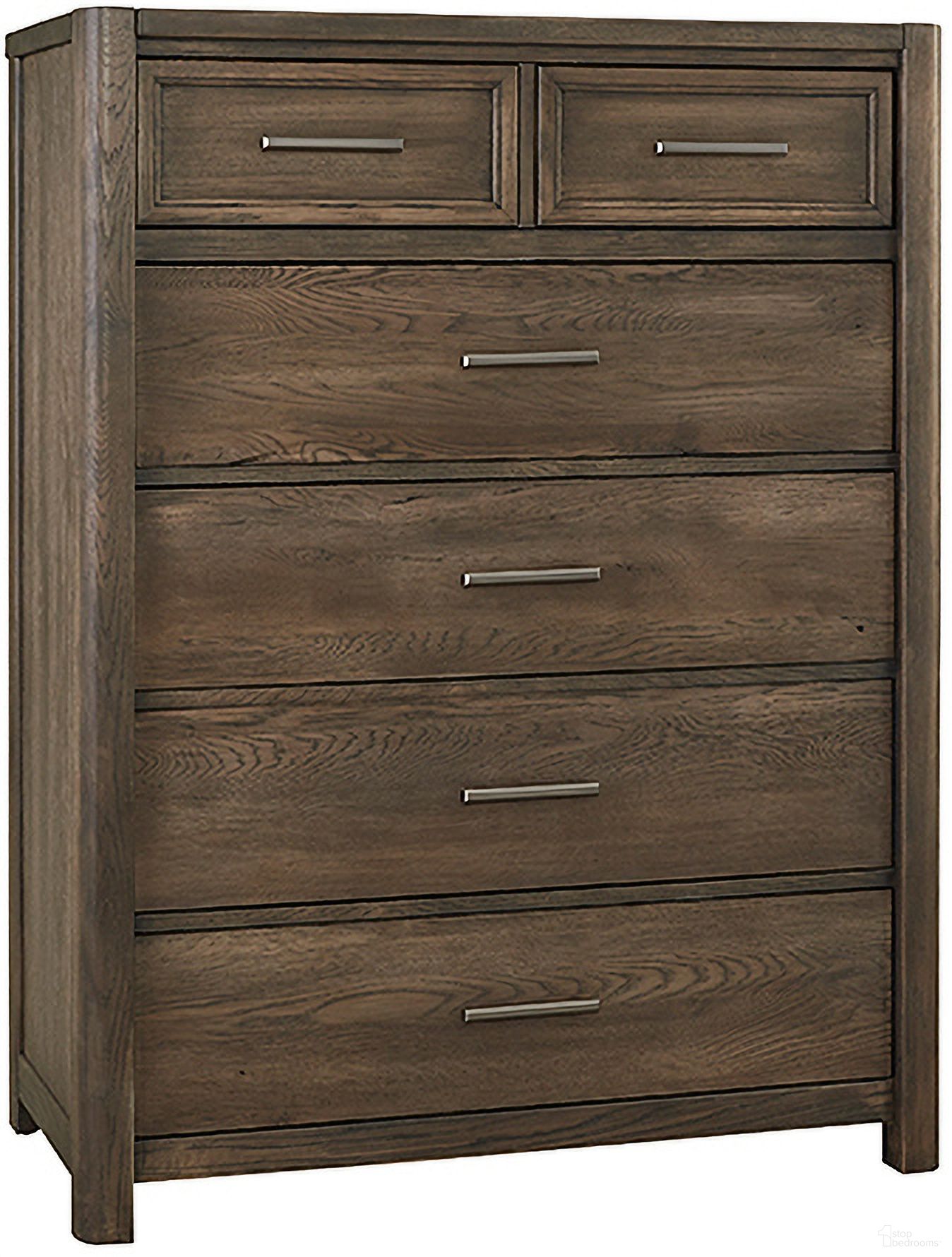 The appearance of Crafted Oak 5 Drawer Chest In Aged Grey designed by Vaughan Bassett in the transitional interior design. This aged gray piece of furniture was selected by 1StopBedrooms from Crafted Oak Collection to add a touch of cosiness and style into your home. Sku: 793-115. Material: Wood.