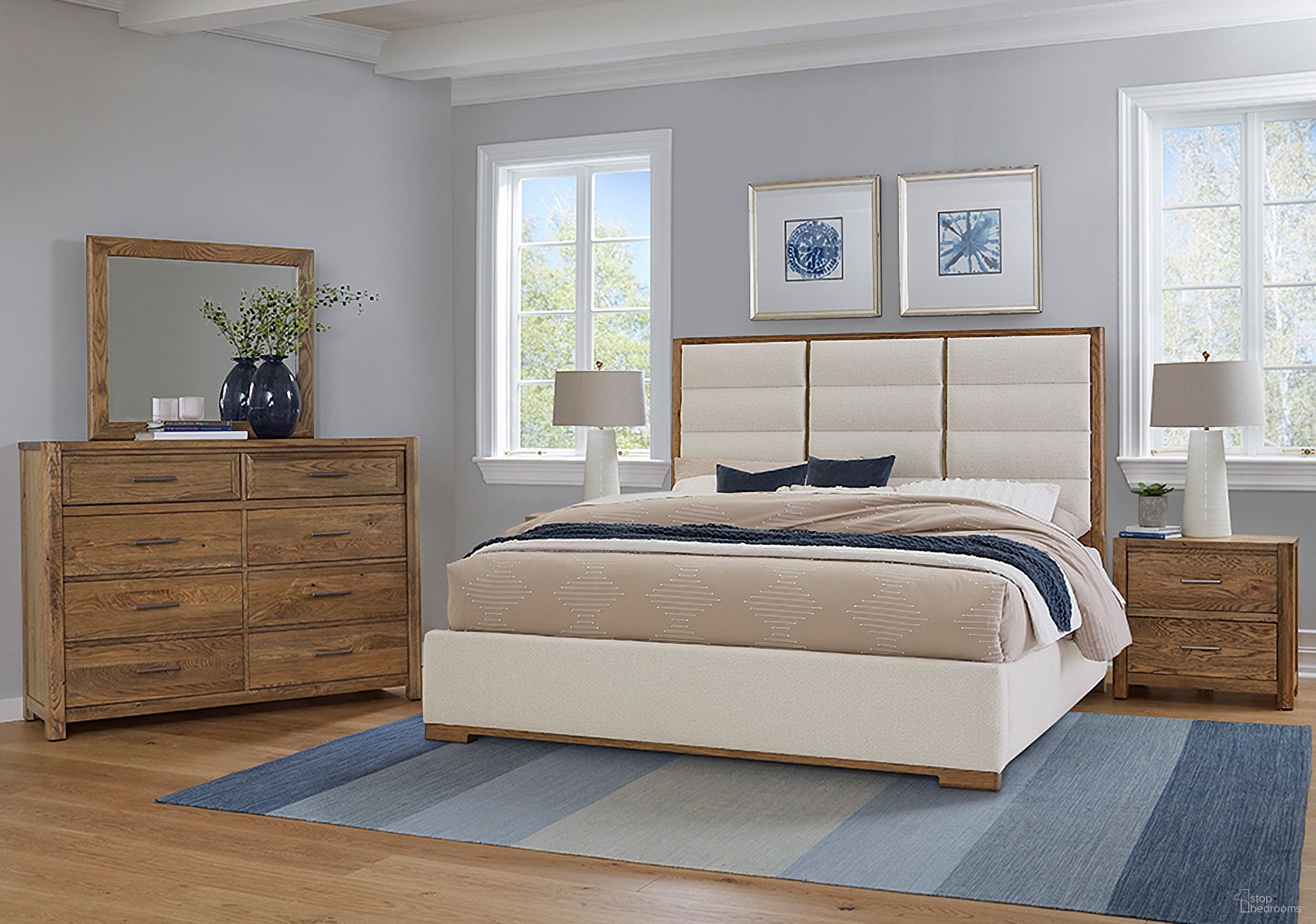 The appearance of Crafted Oak Bedroom Set In White and Natural designed by Vaughan Bassett in the transitional interior design. This white and natural piece of furniture was selected by 1StopBedrooms from Crafted Oak Collection to add a touch of cosiness and style into your home. Sku: 790-551A;790-155A;790-822A;790-227. Material: Wood. Bed Size: Queen. Bed Type: Upholstered Bed.