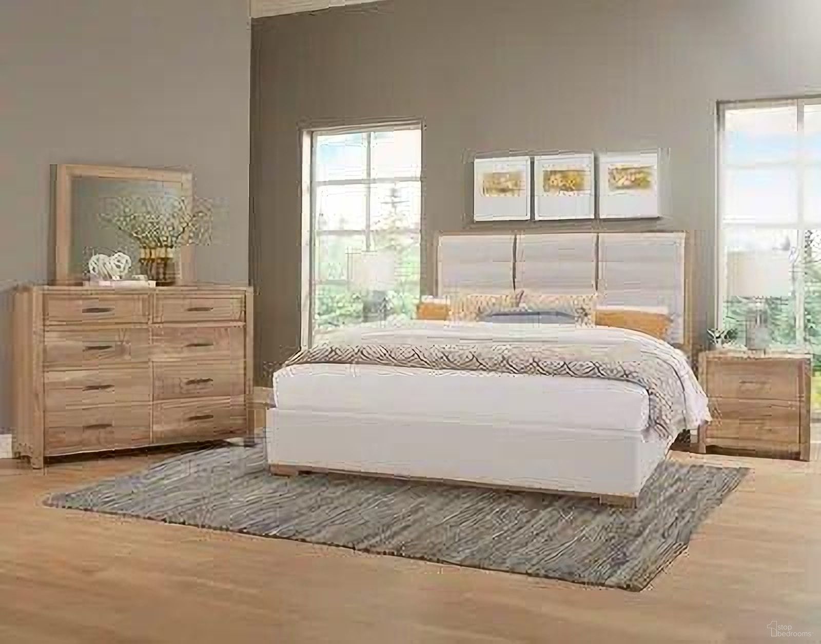 The appearance of Crafted Oak Bedroom Set In Bleached White designed by Vaughan Bassett in the transitional interior design. This bleached white piece of furniture was selected by 1StopBedrooms from Crafted Oak Collection to add a touch of cosiness and style into your home. Sku: 795-551B;795-155B;795-822B;795-227. Material: Wood. Bed Size: Queen. Bed Type: Upholstered Bed.