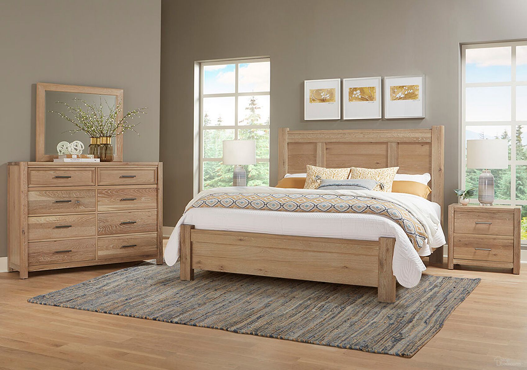 The appearance of Crafted Oak Poster Bedroom Set In Bleached White designed by Vaughan Bassett in the transitional interior design. This bleached white piece of furniture  was selected by 1StopBedrooms from Crafted Oak Collection to add a touch of cosiness and style into your home. Sku: 795-558;795-855;795-922;795-227. Bed Type: Poster Bed. Material: Wood. Bed Size: Queen.