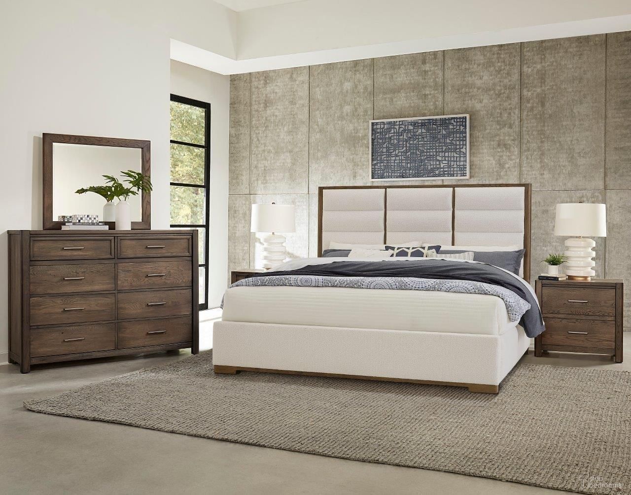 The appearance of Crafted Oak Upholstered Bedroom Set In Aged Grey designed by Vaughan Bassett in the transitional interior design. This aged grey piece of furniture  was selected by 1StopBedrooms from Crafted Oak Collection to add a touch of cosiness and style into your home. Sku: 793-551A;793-155A;793-822A;793-227. Material: Wood. Bed Size: Queen. Bed Type: Upholstered Bed.