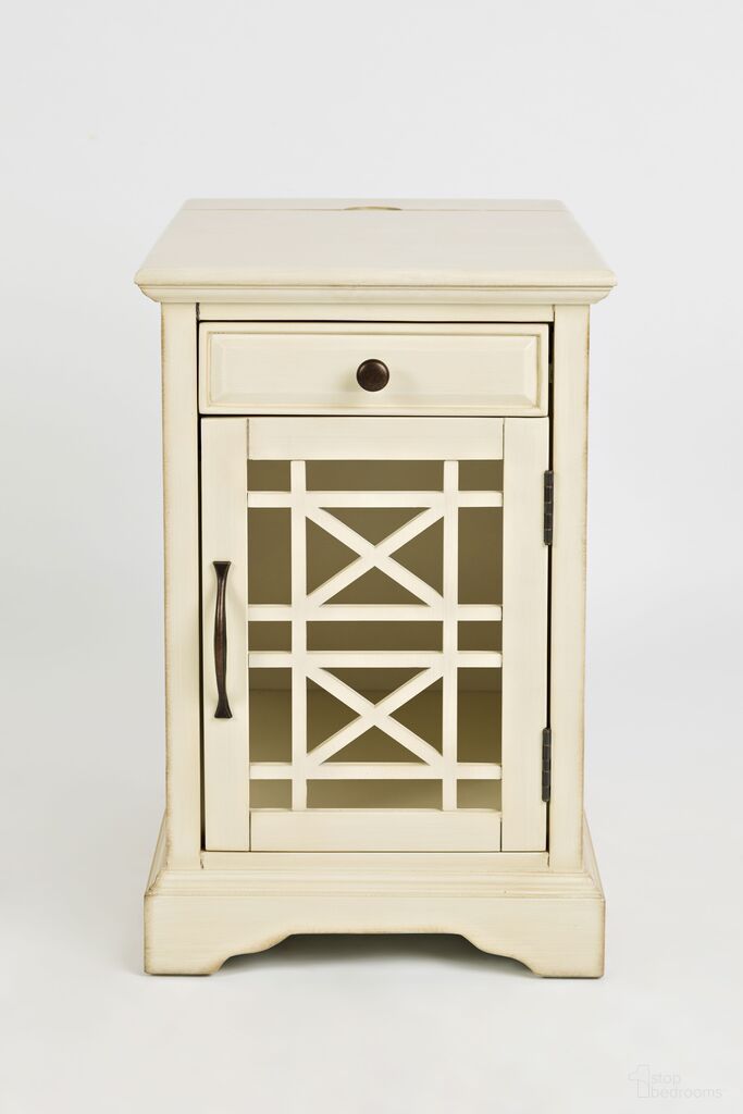 The appearance of Craftsman USB Charging Chairside End Table In Antique Cream designed by Jofran in the transitional interior design. This antique cream piece of furniture  was selected by 1StopBedrooms from Craftsman Collection to add a touch of cosiness and style into your home. Sku: 675-22. Material: Acacia.