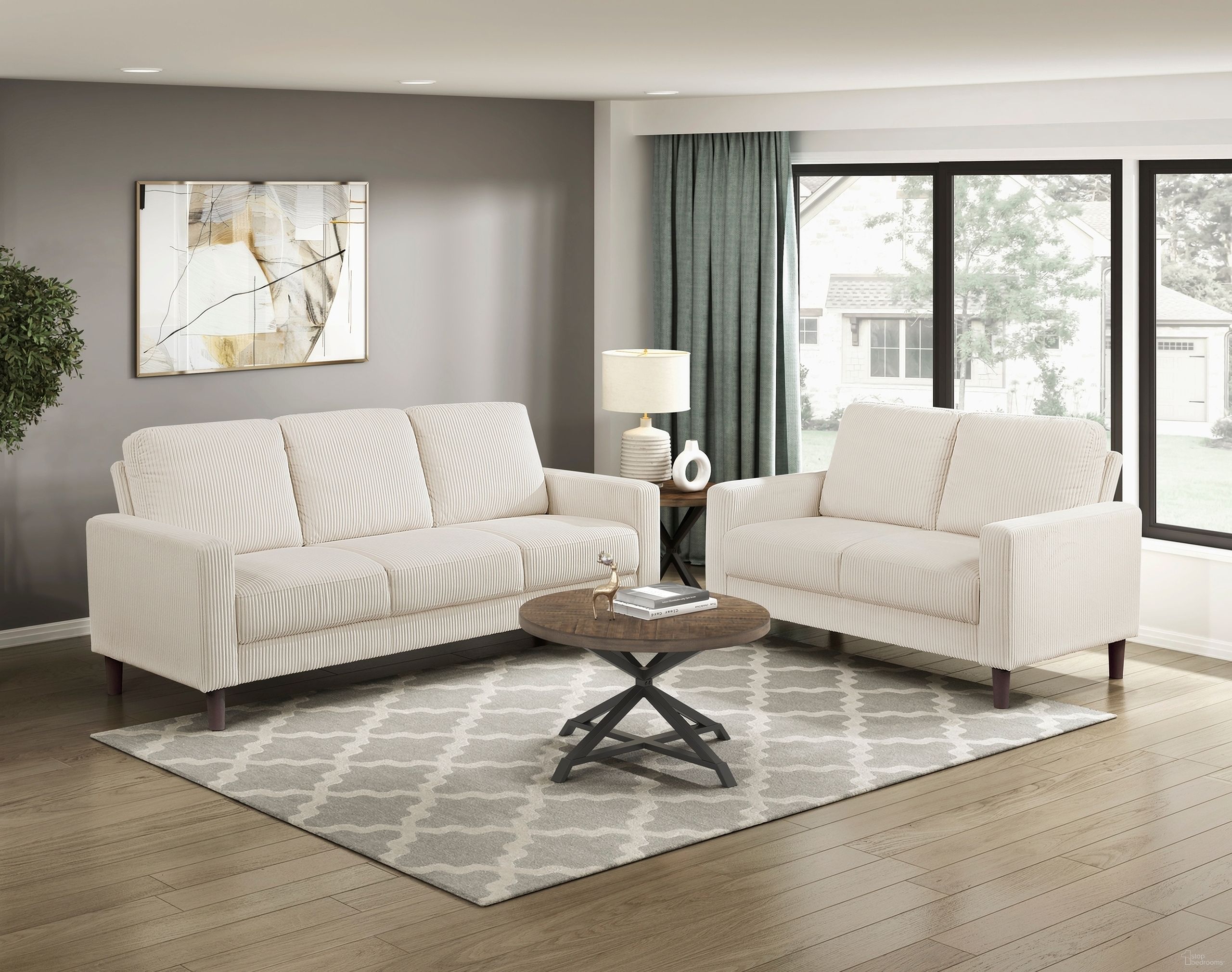 The appearance of Crandall Living Room Set In Beige designed by Homelegance in the modern / contemporary interior design. This beige piece of furniture  was selected by 1StopBedrooms from Crandall Collection to add a touch of cosiness and style into your home. Sku: 9520BEG-3;9520BEG-2. Material: Corduroy.