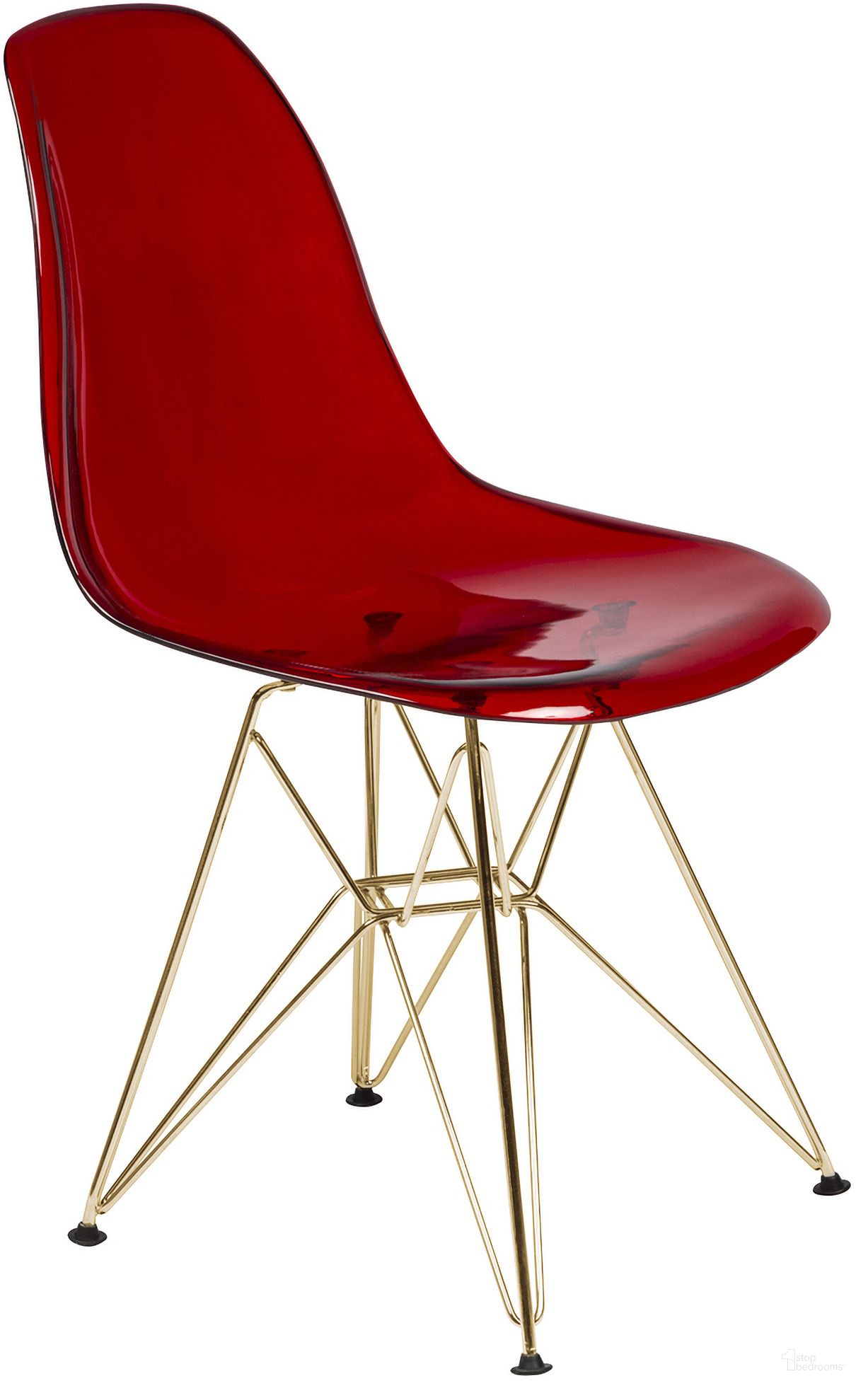 The appearance of Cresco MOlded Eiffel Side Chair In Transparent Red/Gold designed by LeisureMod in the modern / contemporary interior design. This transparent red piece of furniture was selected by 1StopBedrooms from Cresco Collection to add a touch of cosiness and style into your home. Sku: CR19TRG. Material: Plastic. Chair Type: Side Chair.