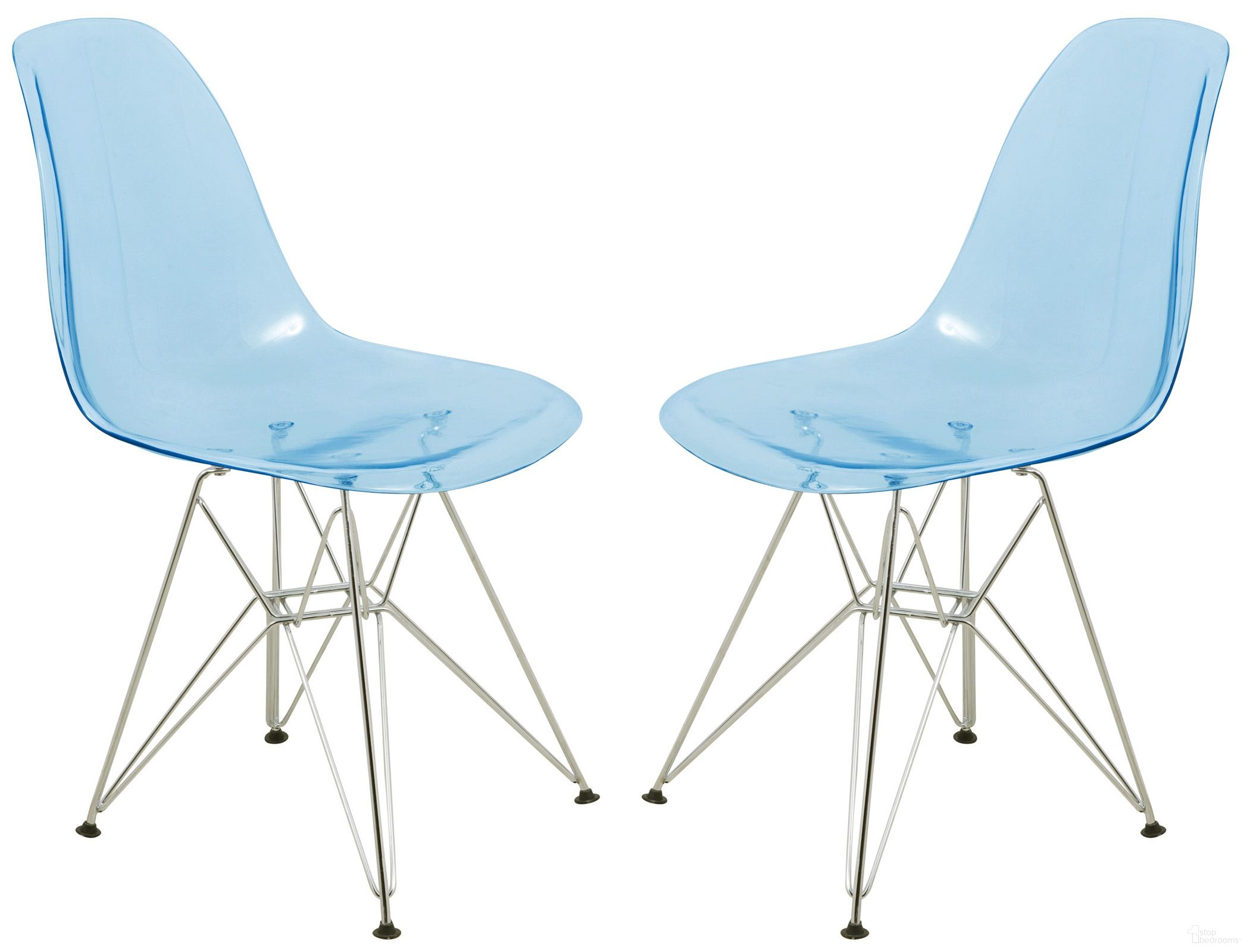 The appearance of Cresco Molded Eiffel Side Chair Set of 2 In Transparent Blue/Chrome designed by LeisureMod in the modern / contemporary interior design. This transparent blue piece of furniture  was selected by 1StopBedrooms from Cresco Collection to add a touch of cosiness and style into your home. Sku: CR19TBU2. Material: Plastic. Chair Type: Side Chair.