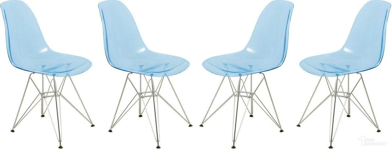 The appearance of Cresco Molded Eiffel Side Chair Set of 4 In Transparent Blue/Chrome designed by LeisureMod in the modern / contemporary interior design. This transparent blue piece of furniture was selected by 1StopBedrooms from Cresco Collection to add a touch of cosiness and style into your home. Sku: CR19TBU4. Material: Plastic. Chair Type: Side Chair.