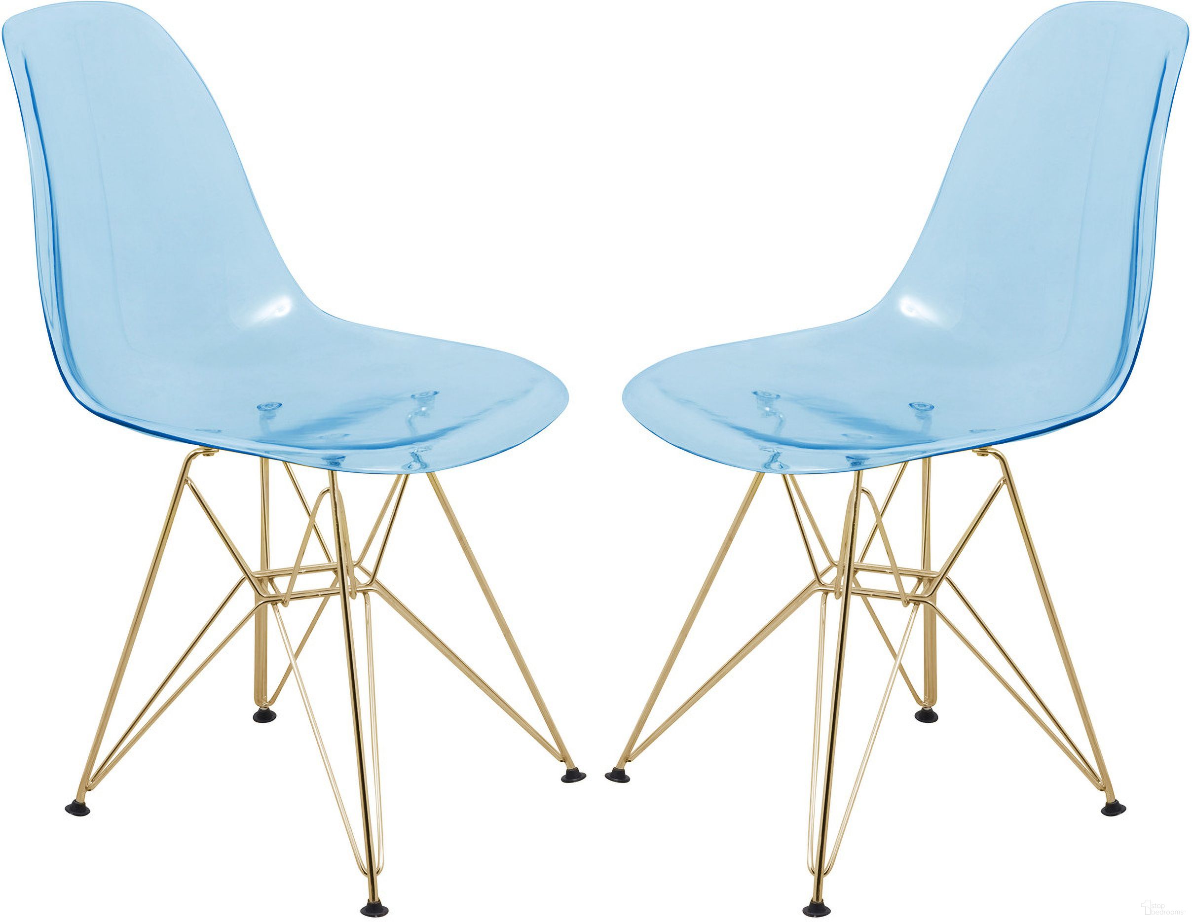 The appearance of Cresco MOlded Eiffel Side Chair Set of 2 In Transparent Blue/Gold designed by LeisureMod in the modern / contemporary interior design. This transparent blue piece of furniture was selected by 1StopBedrooms from Cresco Collection to add a touch of cosiness and style into your home. Sku: CR19TBUG2. Material: Plastic. Chair Type: Side Chair.