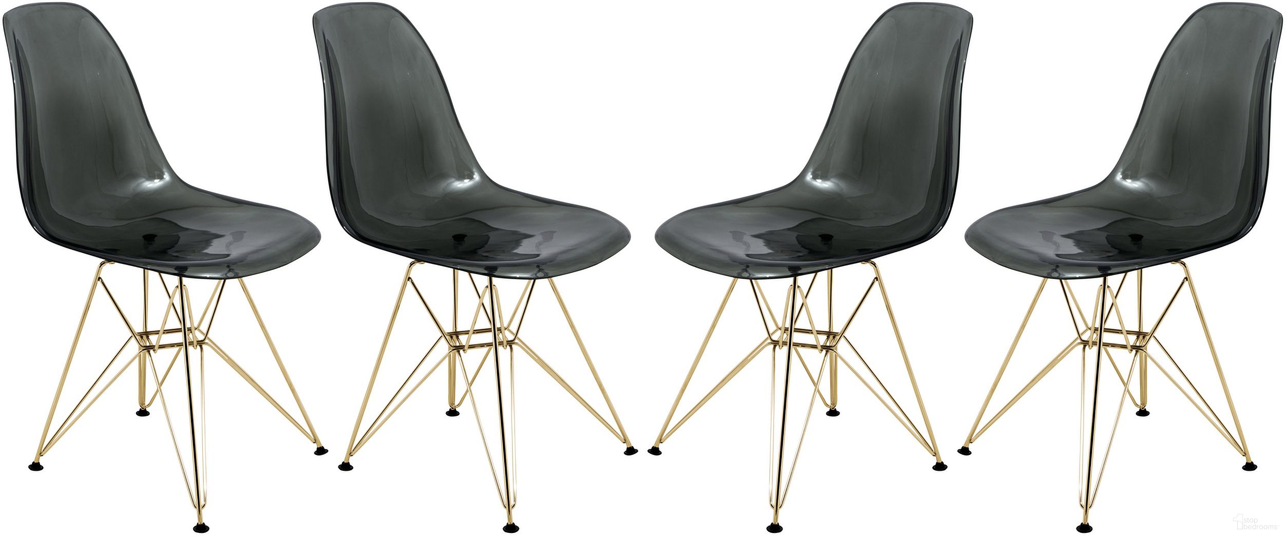 The appearance of Cresco Molded Eiffel Side Chair Set of 4 In Transparent Black designed by LeisureMod in the modern / contemporary interior design. This transparent black piece of furniture was selected by 1StopBedrooms from Cresco Collection to add a touch of cosiness and style into your home. Sku: CR19TBLG4. Material: Plastic. Chair Type: Side Chair.