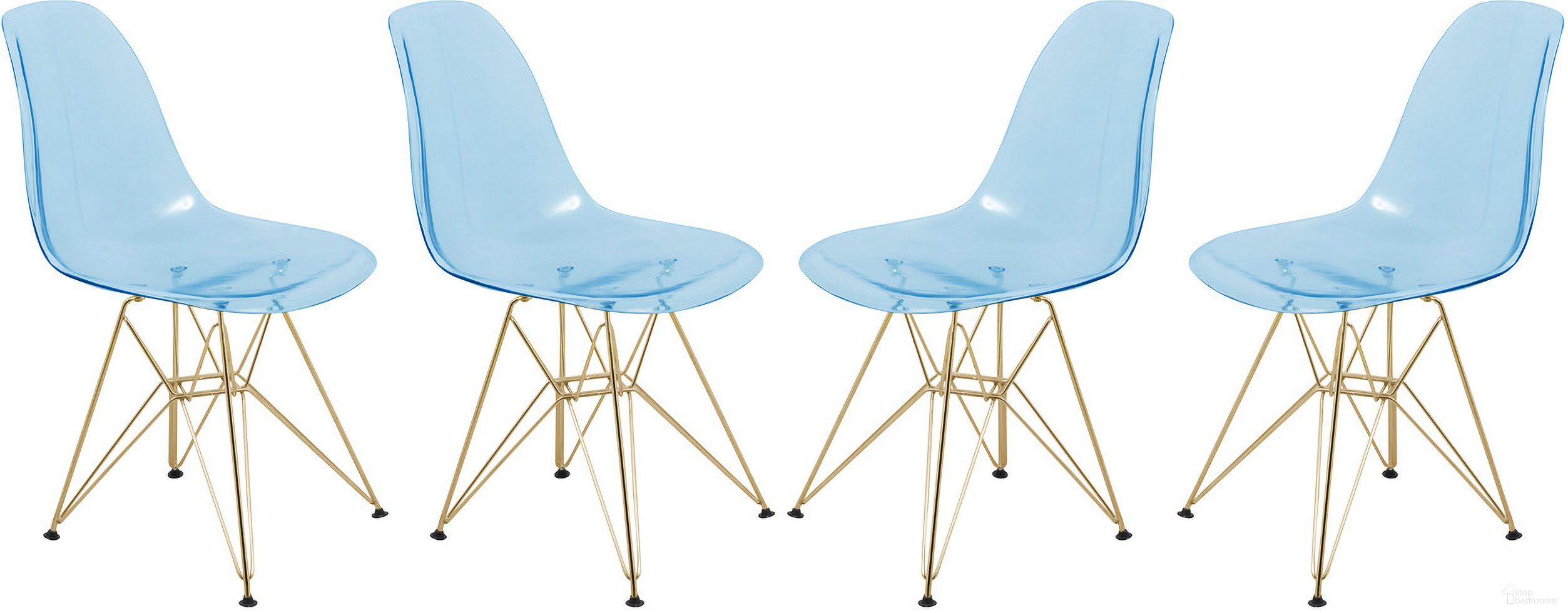 The appearance of Cresco MOlded Eiffel Side Chair Set of 4 In Transparent Blue/Gold designed by LeisureMod in the modern / contemporary interior design. This transparent blue piece of furniture was selected by 1StopBedrooms from Cresco Collection to add a touch of cosiness and style into your home. Sku: CR19TBUG4. Material: Plastic. Chair Type: Side Chair.