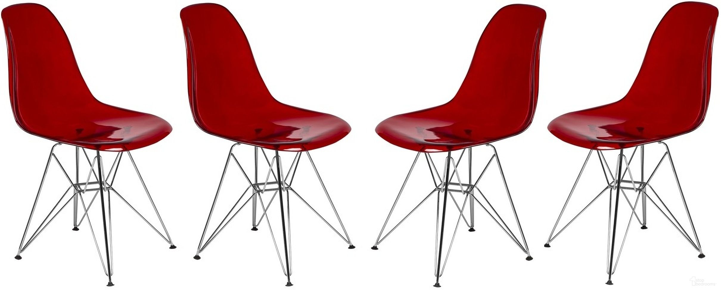 The appearance of Cresco Molded Eiffel Side Chair Set of 4 In Transparent Red/Chrome designed by LeisureMod in the modern / contemporary interior design. This transparent red piece of furniture was selected by 1StopBedrooms from Cresco Collection to add a touch of cosiness and style into your home. Sku: CR19TR4. Material: Plastic. Chair Type: Side Chair.
