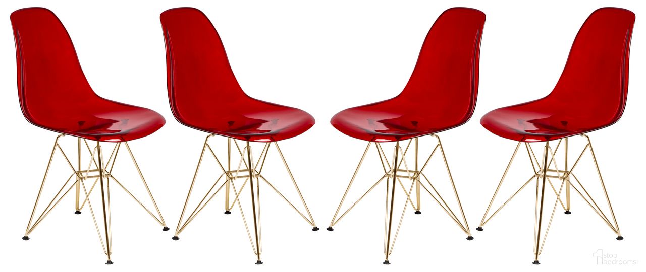 The appearance of Cresco MOlded Eiffel Side Chair Set of 4 In Transparent Red/Gold designed by LeisureMod in the modern / contemporary interior design. This transparent red piece of furniture was selected by 1StopBedrooms from Cresco Collection to add a touch of cosiness and style into your home. Sku: CR19TRG4. Material: Plastic. Chair Type: Side Chair.