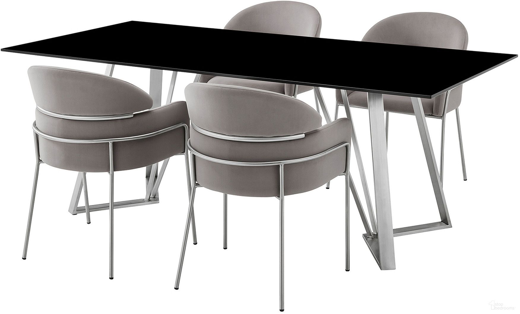 The appearance of Cressida and Portia 5 Piece Rectangular Dining Set In Gray designed by Armen Living in the modern / contemporary interior design. This gray piece of furniture was selected by 1StopBedrooms from Cressida Collection to add a touch of cosiness and style into your home. Sku: LCCSDIBLTOP;LCCSDIBLBASE;LCPTSIGREY;LCPTSIGREY. Material: Stainless Steel.