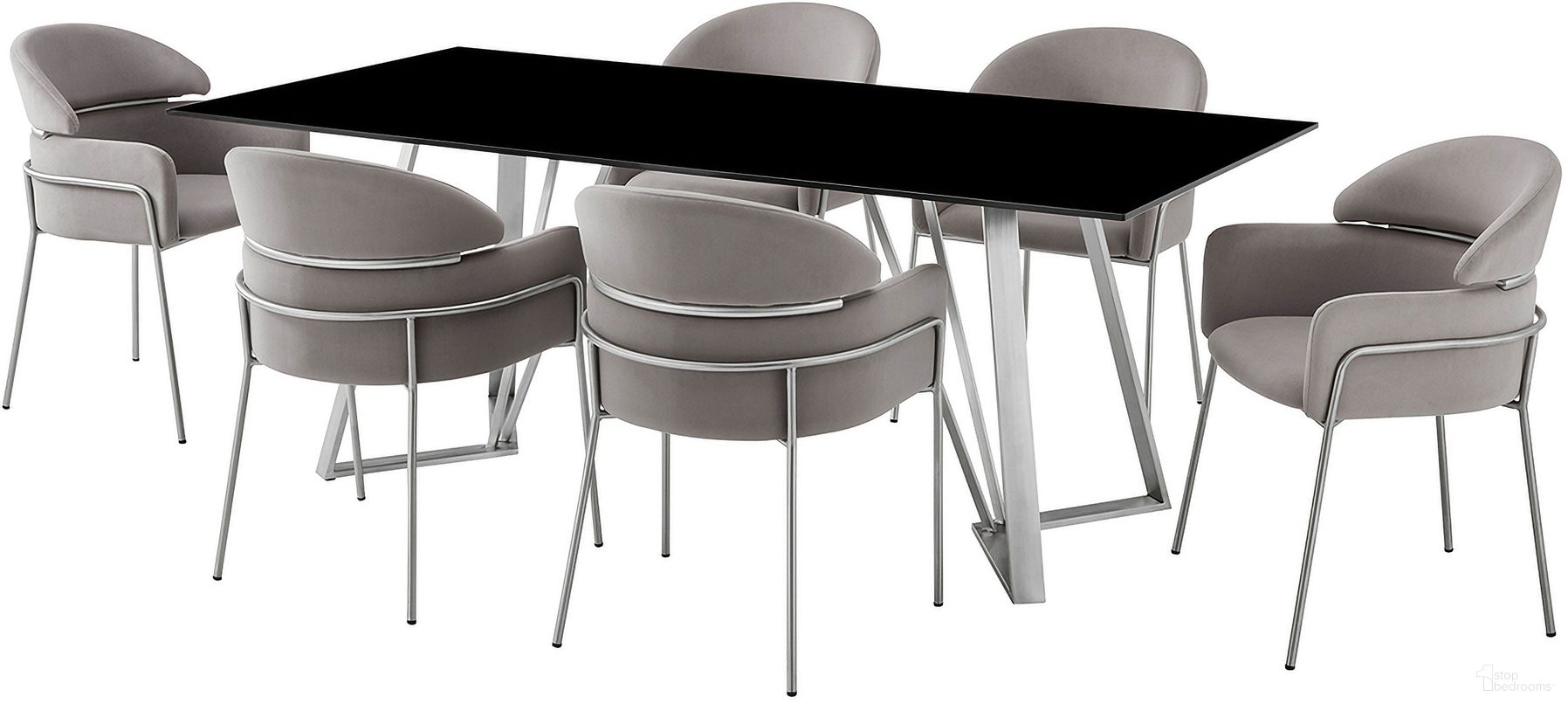 The appearance of Cressida and Portia 7 Piece Rectangular Dining Set In Gray designed by Armen Living in the modern / contemporary interior design. This gray piece of furniture was selected by 1StopBedrooms from Cressida Collection to add a touch of cosiness and style into your home. Sku: LCCSDIBLTOP;LCCSDIBLBASE;LCPTSIGREY;LCPTSIGREY;LCPTSIGREY. Material: Stainless Steel.