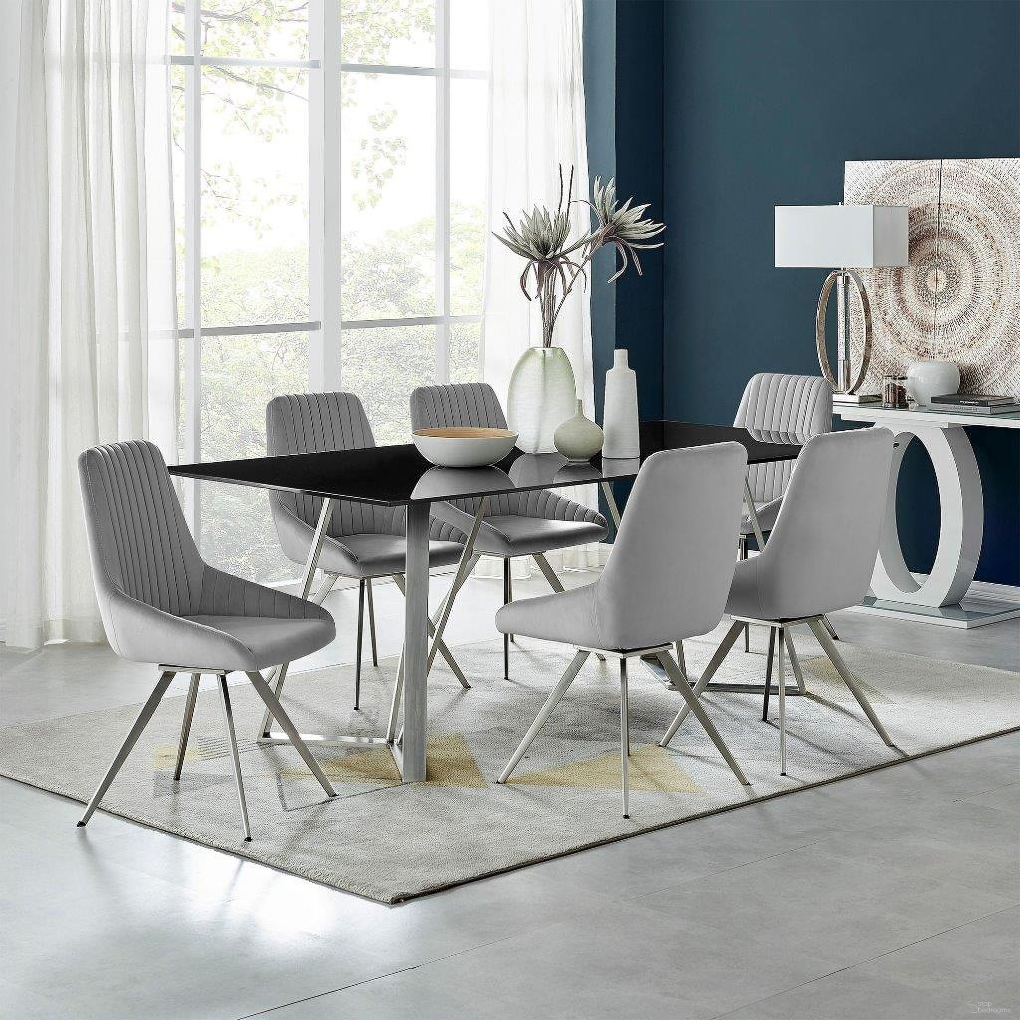 The appearance of Cressida and Skye Gray Fabric Rectangular Dining Room Set designed by Armen Living in the transitional interior design. This silver piece of furniture was selected by 1StopBedrooms from Cressida Collection to add a touch of cosiness and style into your home. Sku: LCCSDIBLTOP;LCCSDIBLBASE;LCSKSIGR. Table Base Style: Double Pedestal. Material: Fabric. Table Top Shape: Rectangular. Size: 79".