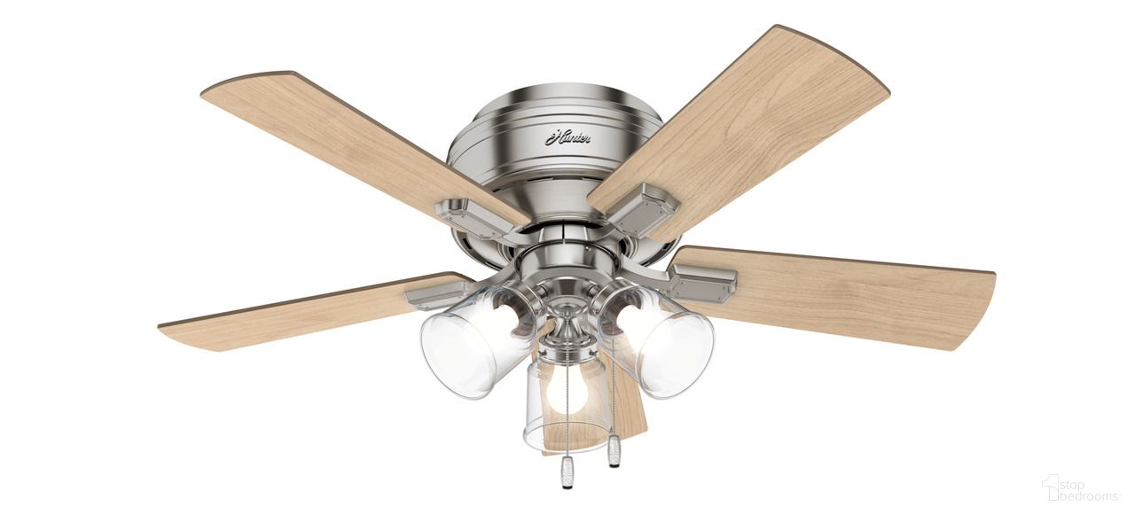 The appearance of Crestfield 42 Inch Low Profile Ceiling Fan with LED Light Kit and Pull Chain In Brushed Nickel and Bleached Grey Pine designed by Hunter Fan in the transitional interior design. This brushed nickel/bleached grey pine piece of furniture  was selected by 1StopBedrooms from Crestfield Collection to add a touch of cosiness and style into your home. Sku: 52154. Material: MDF.