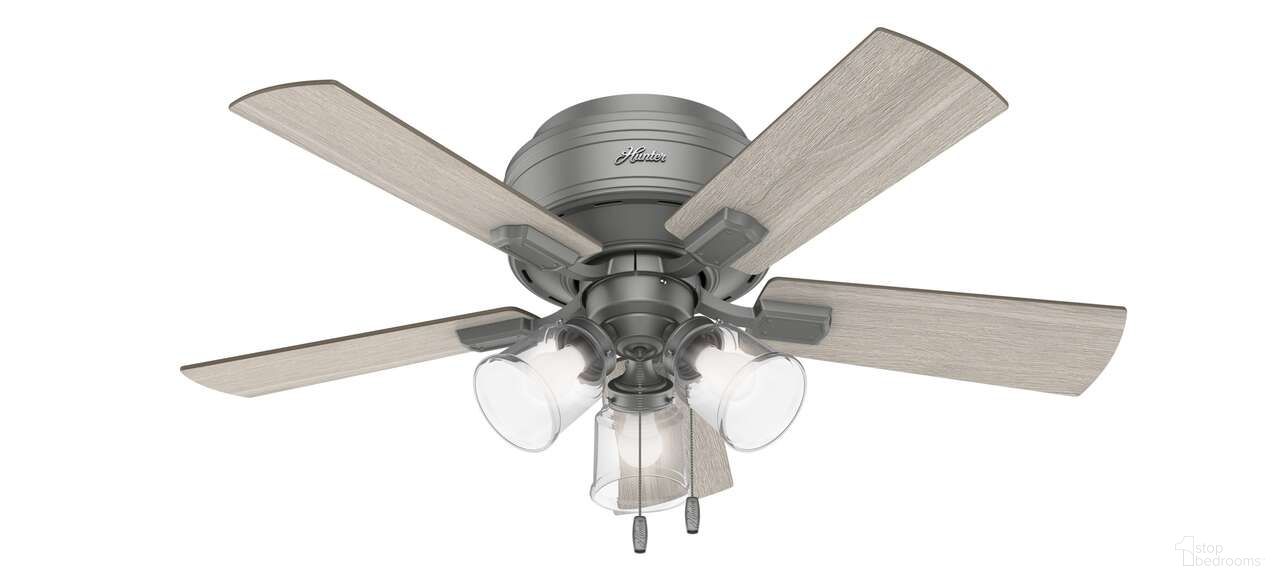 The appearance of Crestfield 42 Inch Low Profile Ceiling Fan with LED Light Kit and Pull Chain In Matte Silver and Light Gray Oak designed by Hunter Fan in the transitional interior design. This matte silver/light gray oak piece of furniture  was selected by 1StopBedrooms from Crestfield Collection to add a touch of cosiness and style into your home. Sku: 51025. Material: MDF.