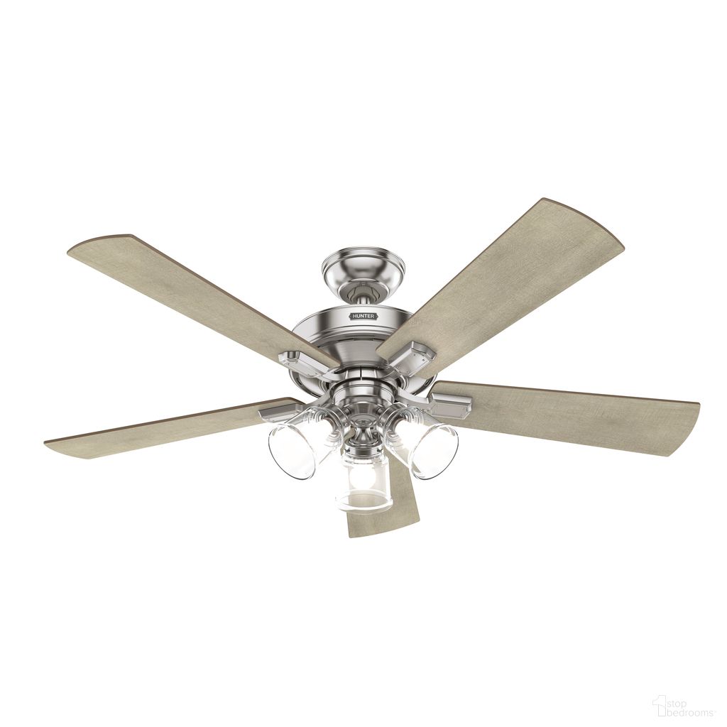 The appearance of Crestfield 52 Inch Ceiling Fan with LED Light Kit and Handheld Remote In Brushed Nickel and Bleached Grey Pine designed by Hunter Fan in the transitional interior design. This brushed nickel/bleached grey pine piece of furniture  was selected by 1StopBedrooms from Crestfield Collection to add a touch of cosiness and style into your home. Sku: 51858. Material: Composite.