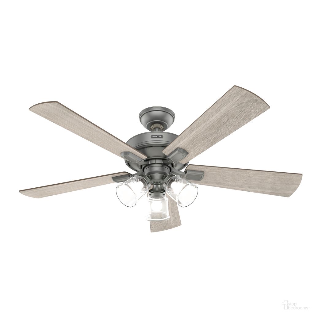 The appearance of Crestfield 52 Inch Ceiling Fan with LED Light Kit and Handheld Remote In Matte Silver and Light Gray Oak designed by Hunter Fan in the transitional interior design. This matte silver/light gray oak piece of furniture was selected by 1StopBedrooms from Crestfield Collection to add a touch of cosiness and style into your home. Sku: 51857. Material: Composite.